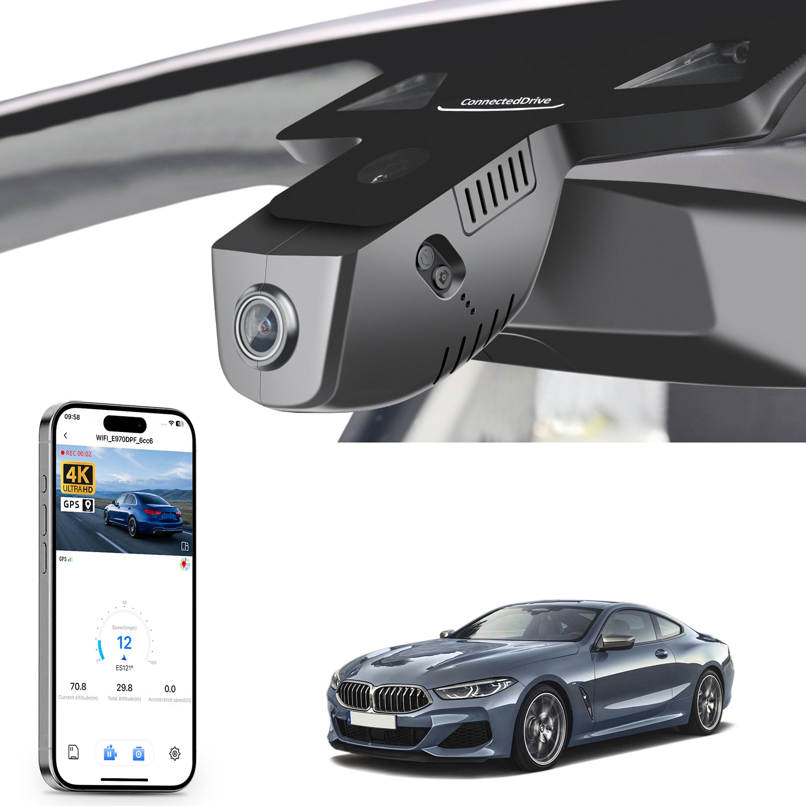 Car rearview mirror built-in dash cam with smartphone app control, 4K Ultra HD recording, GPS tracking, and BMW 8 Series Gen2 models in the background.