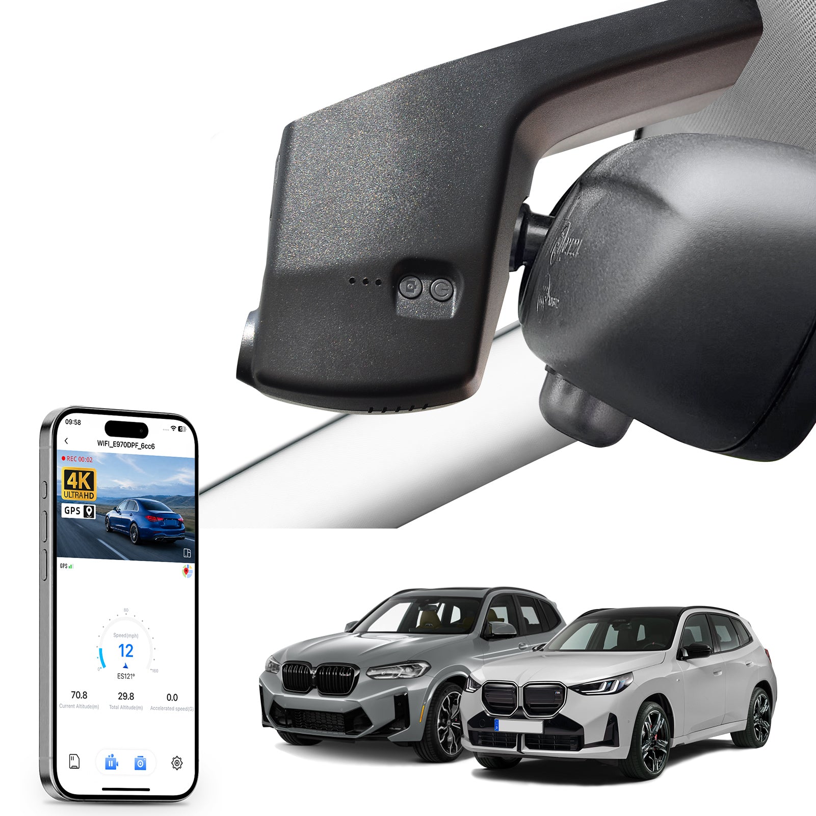 Car rearview mirror built-in dash cam with smartphone app control, 4K Ultra HD recording, GPS tracking, and BMW X3 Gen3 SUV models in the background.