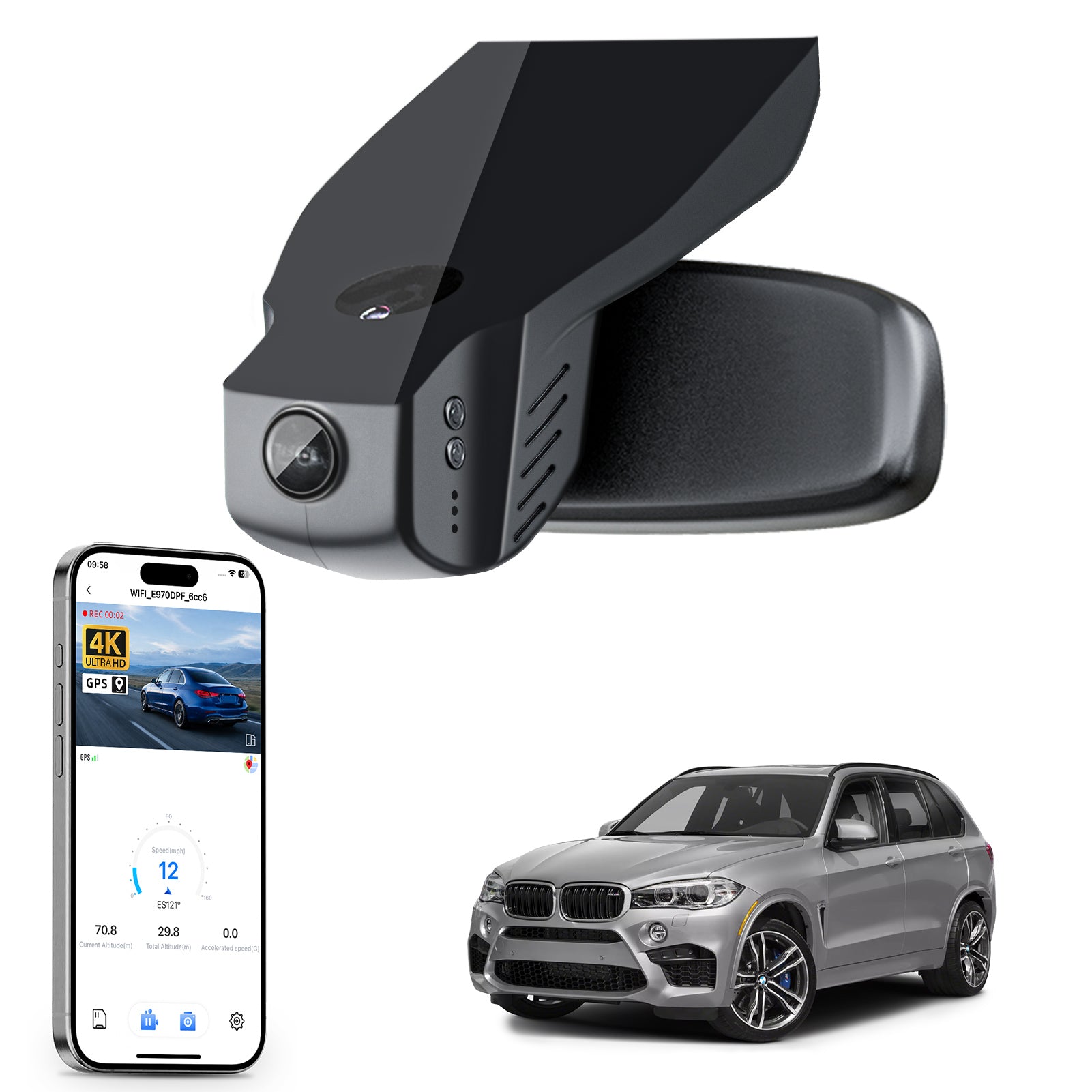 Car rearview mirror built-in dash cam with smartphone app control, 4K Ultra HD recording, GPS tracking, and BMW X5 Gen3 SUV models in the background.