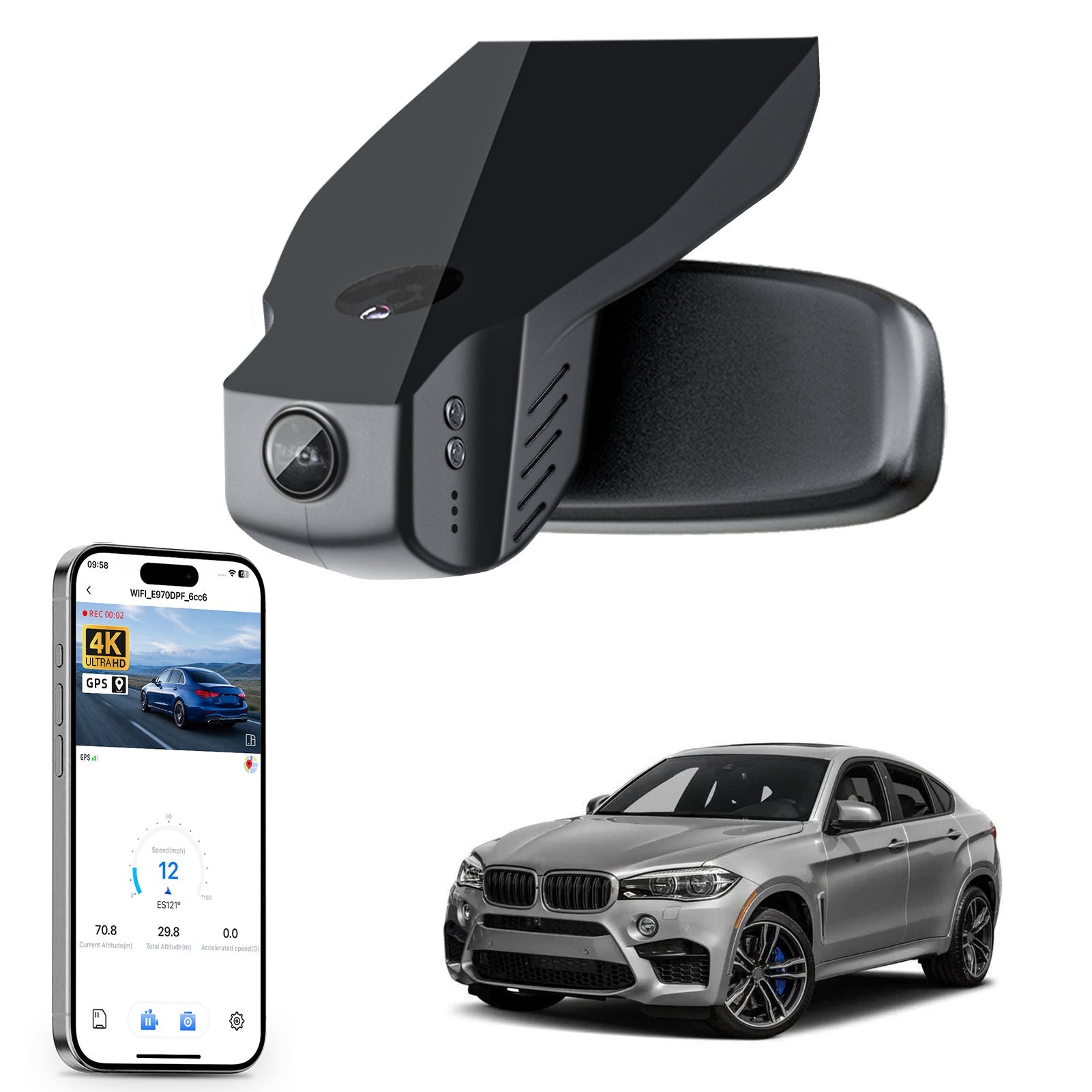 Car rearview mirror built-in dash cam with smartphone app control, 4K Ultra HD recording, GPS tracking, and BMW X6 Gen2 SUV models in the background.