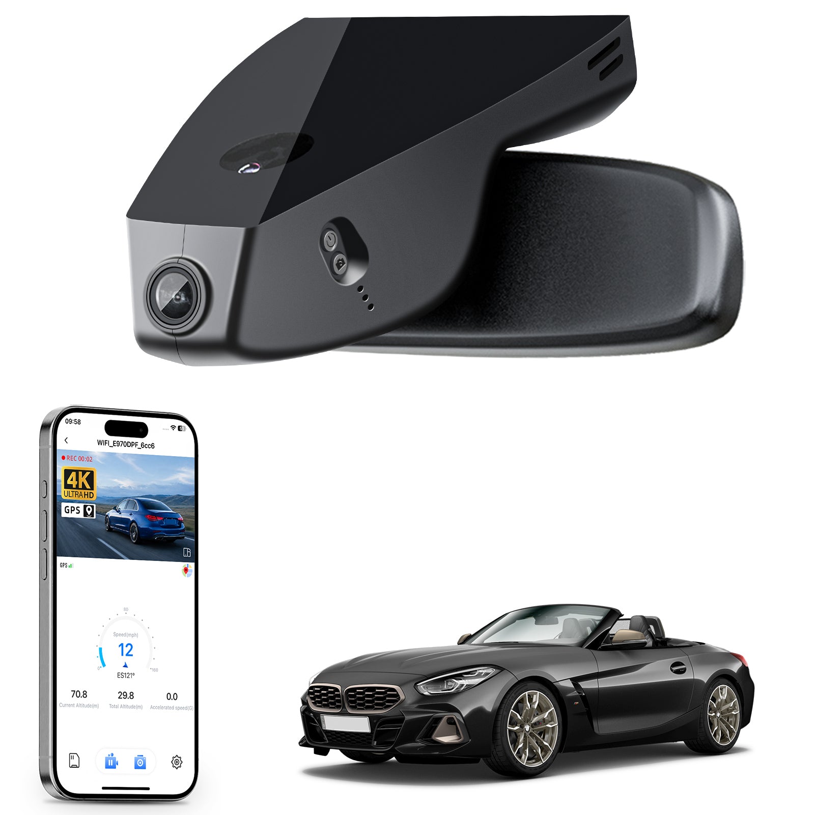 Car rearview mirror built-in dash cam with smartphone app control, 4K Ultra HD recording, GPS tracking, and BMW Z4 Sports Car models in the background.
