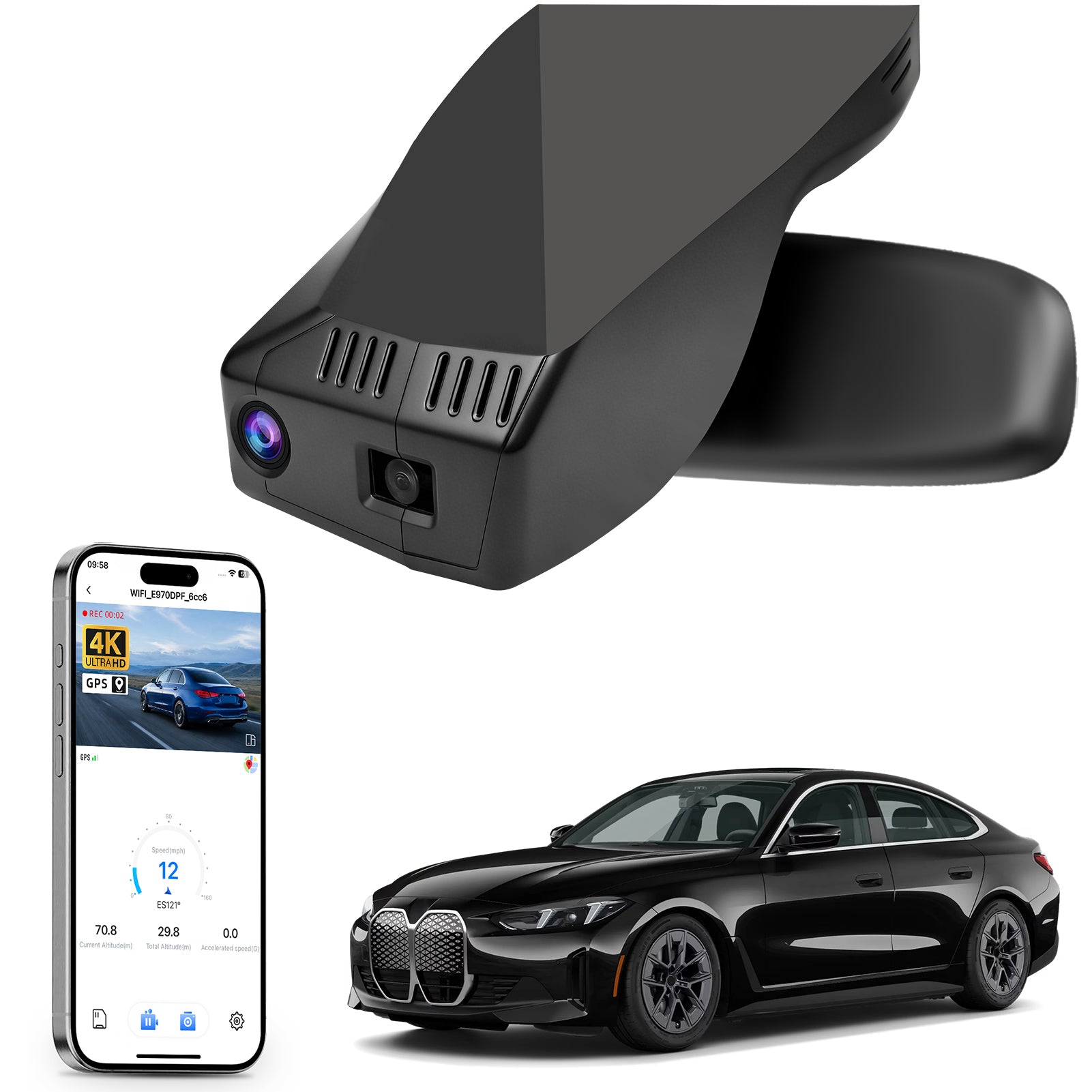 Car rearview mirror built-in dash cam with smartphone app control, 4K Ultra HD recording, GPS tracking, and BMW i4 Coupe models in the background.