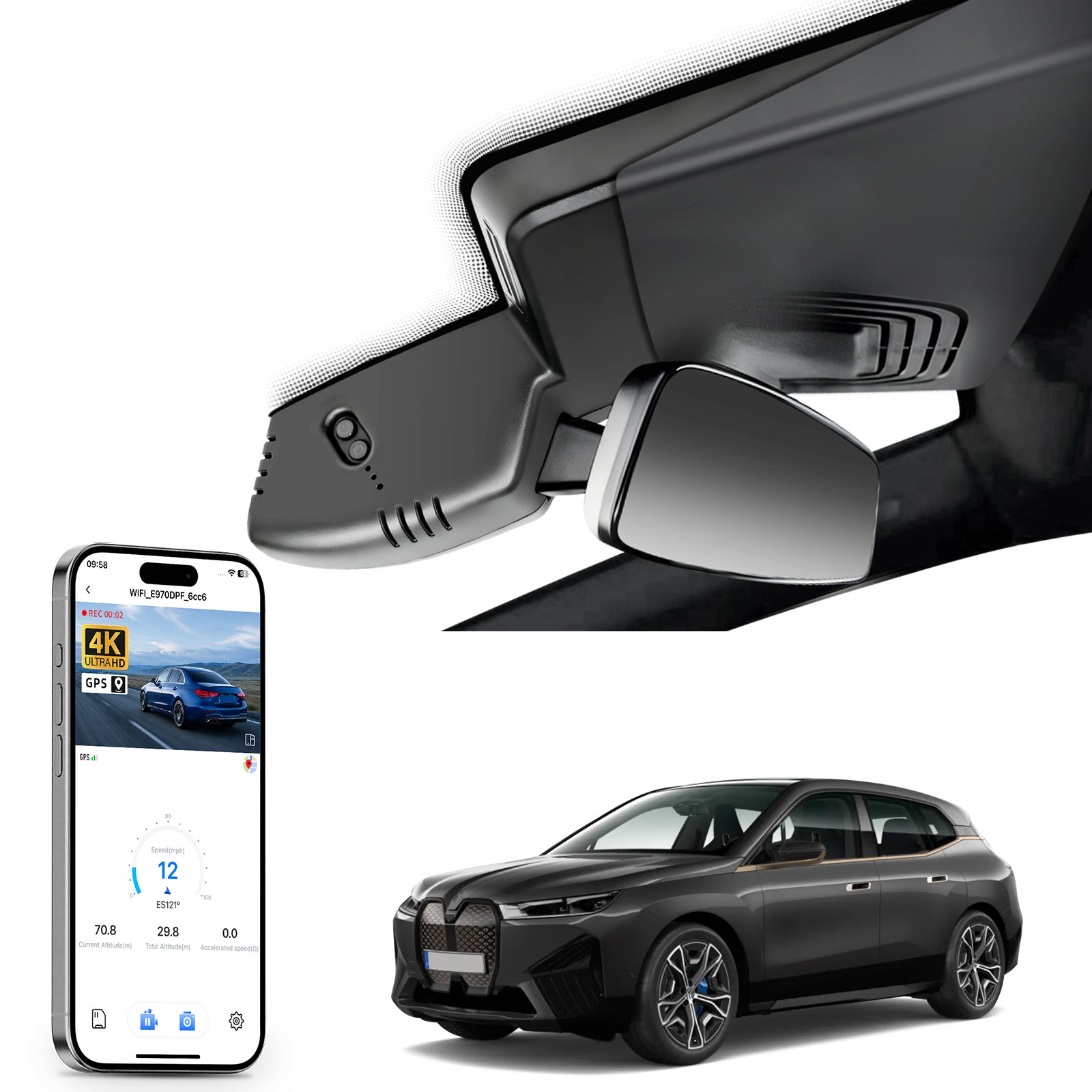 Car rearview mirror built-in dash cam with smartphone app control, 4K Ultra HD recording, GPS tracking, and BMW iX SUV models in the background.