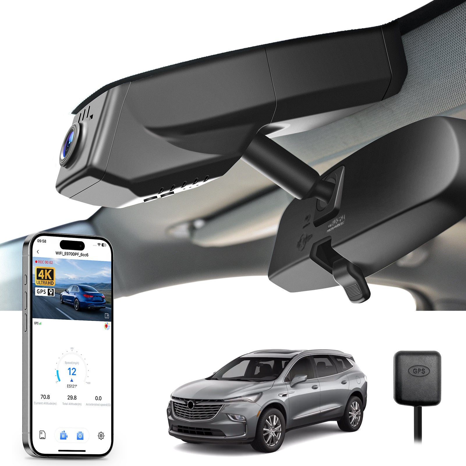 Car rearview mirror built-in dash cam with smartphone app control, 4K Ultra HD recording, GPS tracking, and Buick Enclave SUV models in the background.