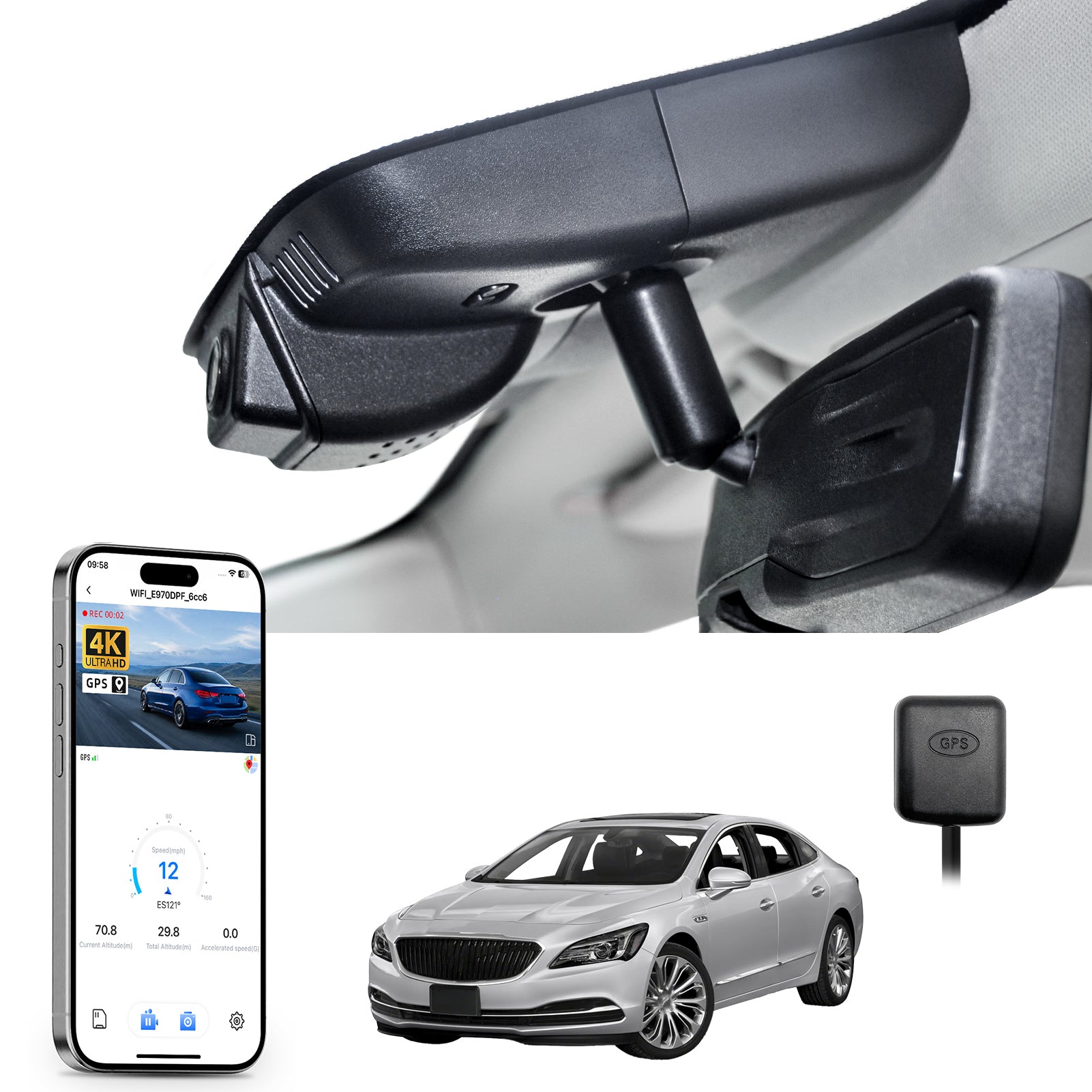 Car rearview mirror built-in dash cam with smartphone app control, 4K Ultra HD recording, GPS tracking, and Buick Lacrosse car models in the background.