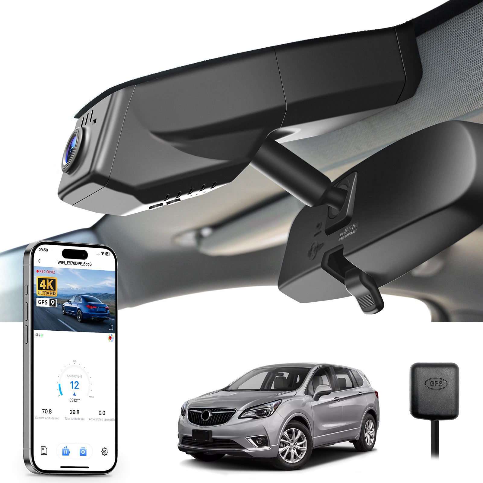 Car rearview mirror with built-in dash cam, features smartphone app control, 4K Ultra HD recording, GPS tracking, and Buick Envision car models in the background.
