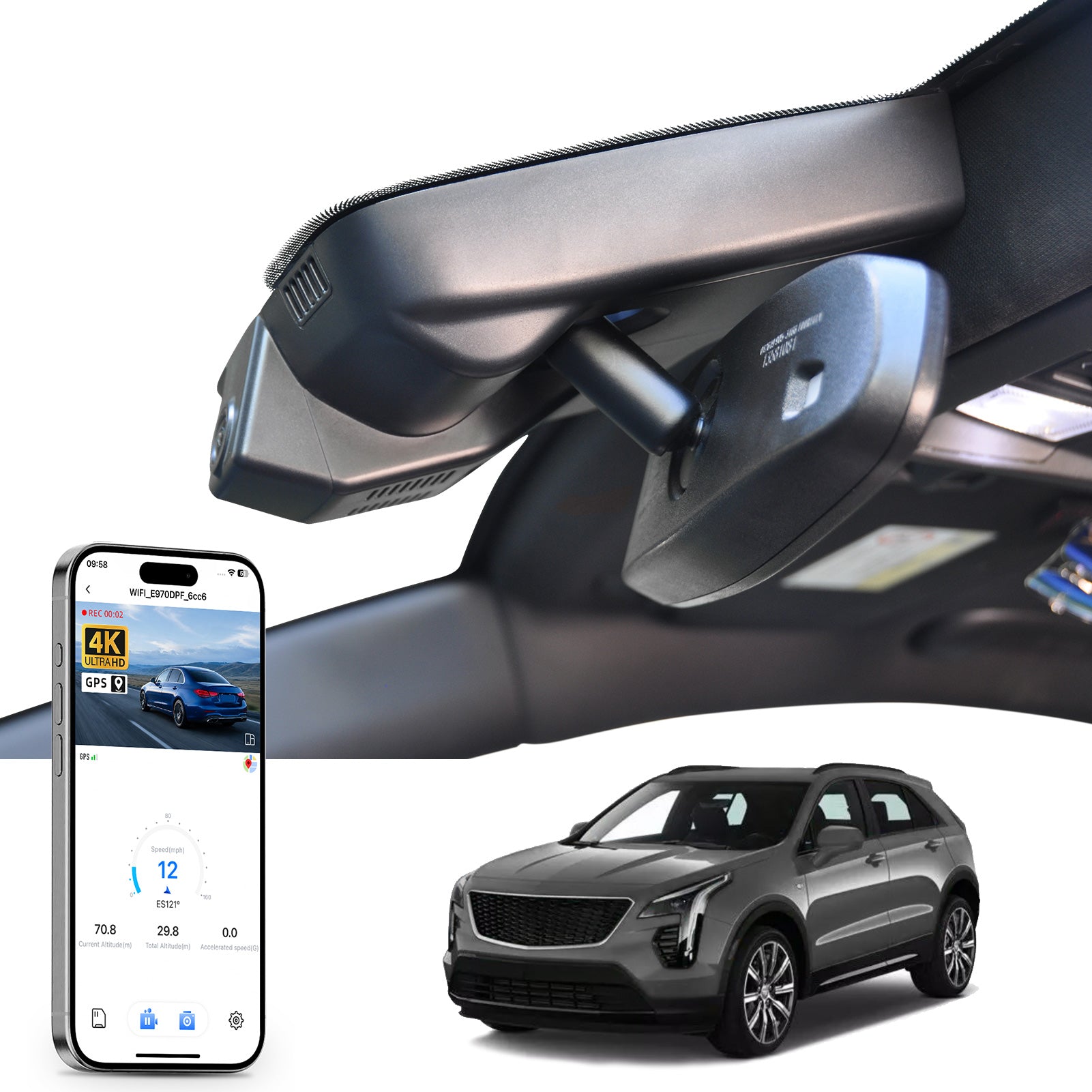 Car rearview mirror built-in dash cam with smartphone app control, 4K Ultra HD recording, GPS tracking, and Cadillac XT4 SUV models in the background.