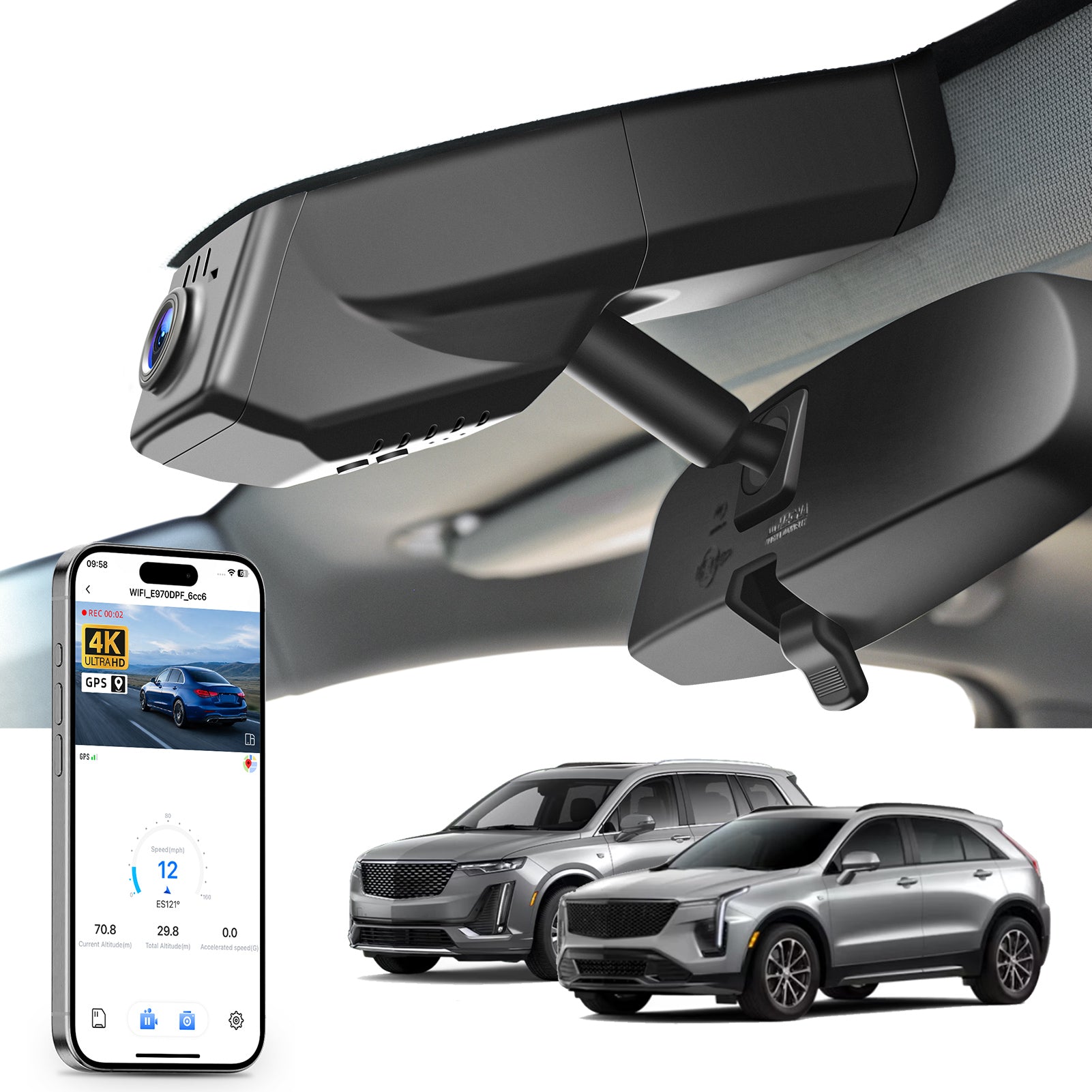 Car rearview mirror built-in dash cam with smartphone app control, 4K Ultra HD recording, GPS tracking, and Cadillac XT5 XT6 SUV models in the background.
