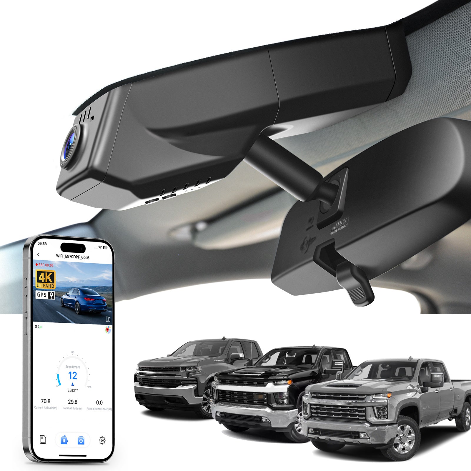 Car rearview mirror built-in dash cam with smartphone app control, 4K Ultra HD recording, GPS tracking, and Chevy Silverado pickup truck models in the background.