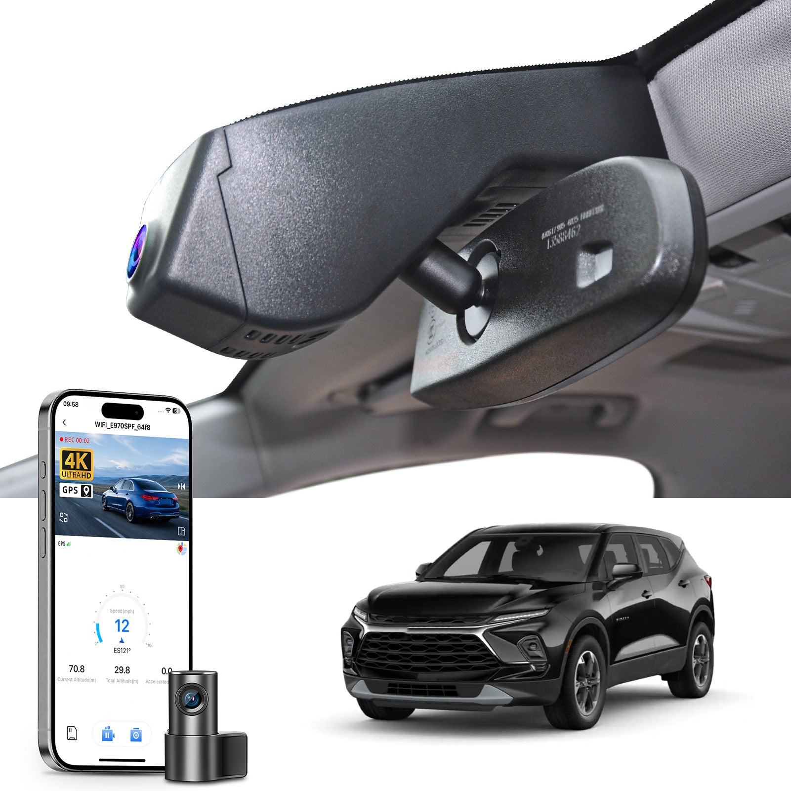 Car rearview mirror built-in dash cam with smartphone app control, 4K Ultra HD recording, GPS tracking, and Chevy Blazer SUV models in the background.