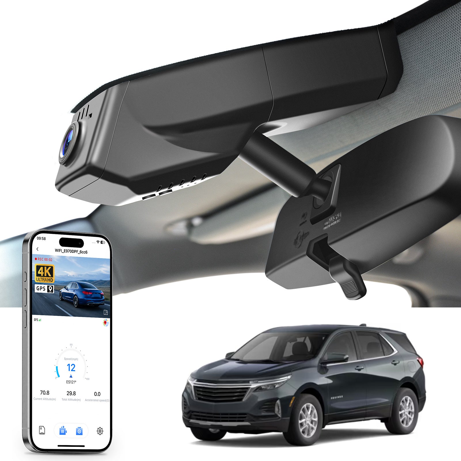 Car rearview mirror built-in dash cam with smartphone app control, 4K Ultra HD recording, GPS tracking, and Chevy Equinox SUV models in the background.