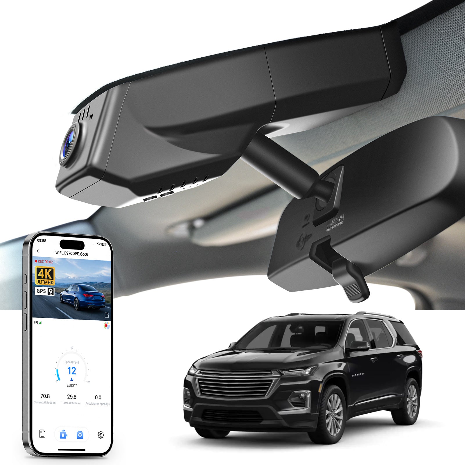 Car rearview mirror built-in dash cam with smartphone app control, 4K Ultra HD recording, GPS tracking, and Chevy Traverse SUV models in the background.