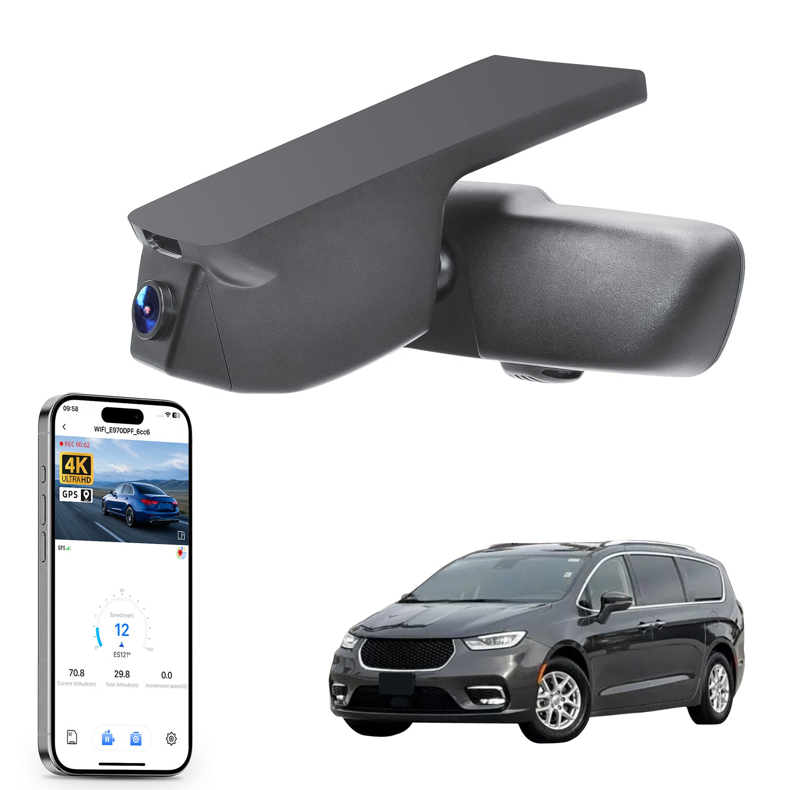 Car rearview mirror built-in dash cam with smartphone app control, 4K Ultra HD recording, GPS tracking, and Chrysler Pacifica MPV models in the background.