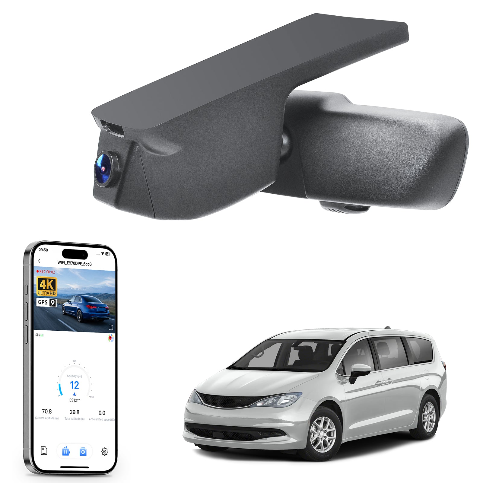 Car rearview mirror built-in dash cam with smartphone app control, 4K Ultra HD recording, GPS tracking, and Chrysler Voyager MPV models in the background.