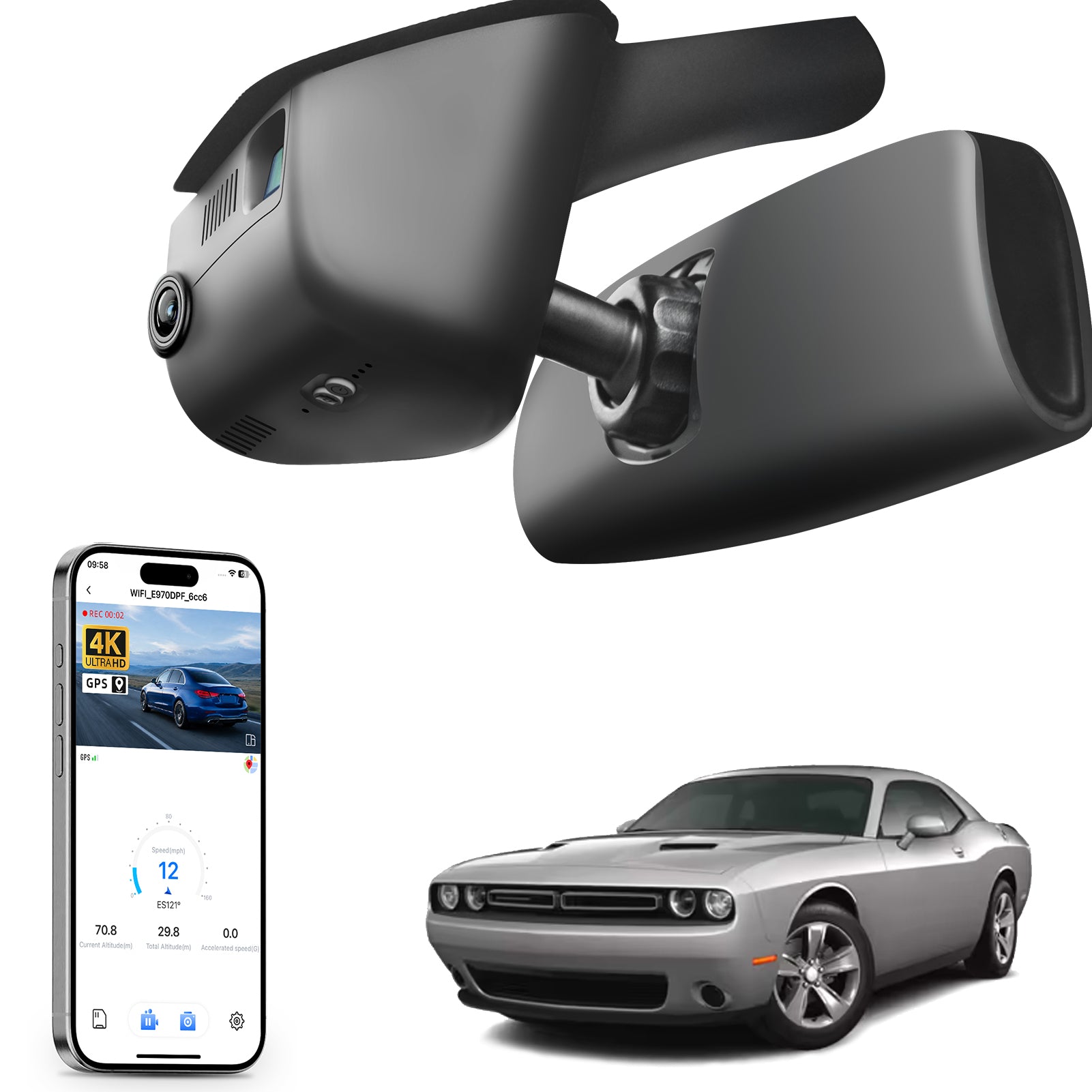 Car rearview mirror with built-in camera, smartphone displaying app interface, 4K Ultra HD recording, GPS tracking, and Dodge Challenger car models in the background.