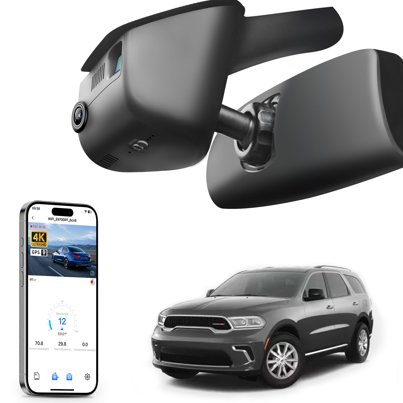 Car built-in dash cam with smartphone app control, 4K Ultra HD recording, GPS tracking, and Dodge Durango SUV models in the background.
