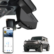 Car rearview mirror built-in dash cam with smartphone app control, 4K Ultra HD recording, GPS tracking, and Ford Bronco SUV models in the background.