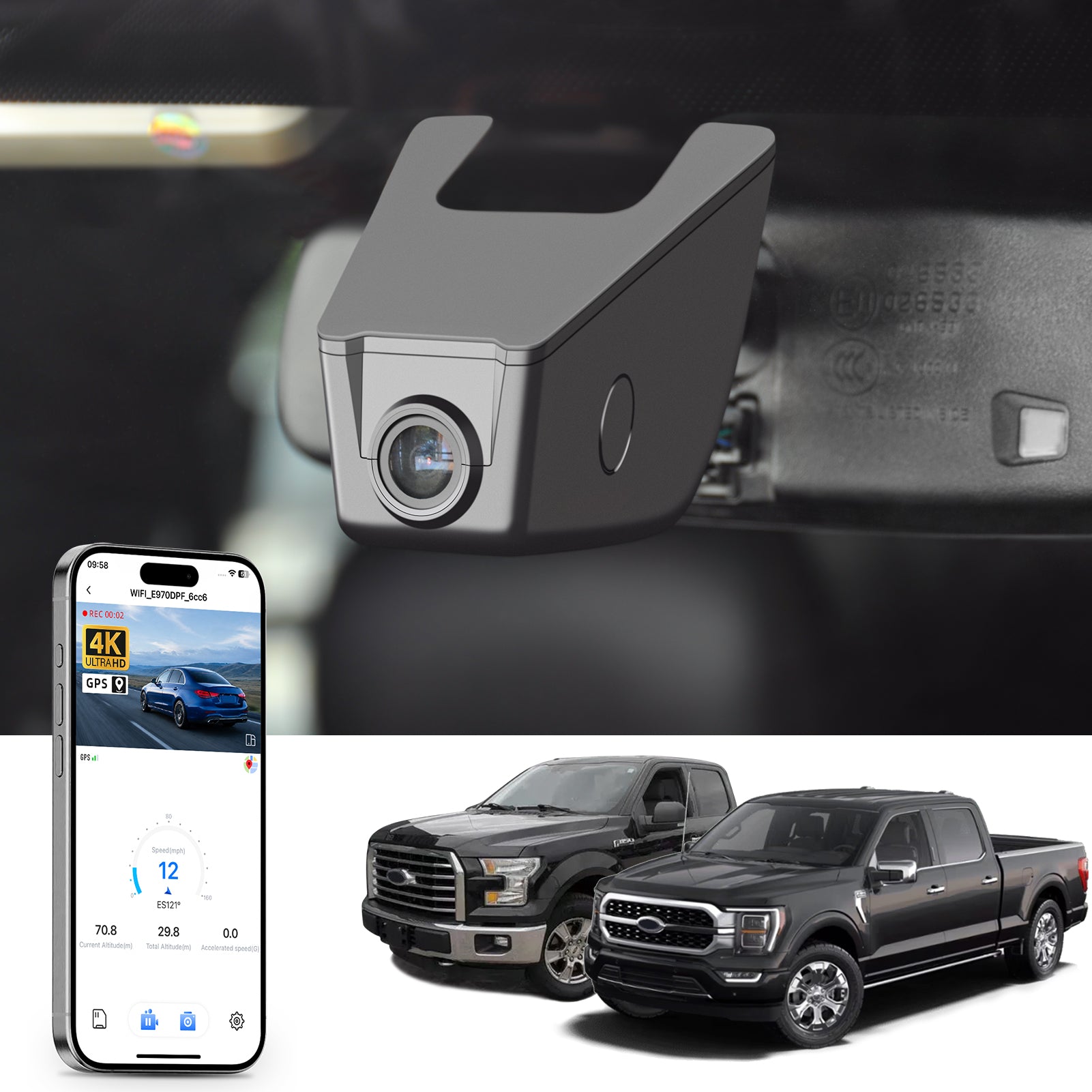 Car built-in dash cam with smartphone app control, 4K Ultra HD recording, GPS tracking, and Ford F-series truck models in the background.