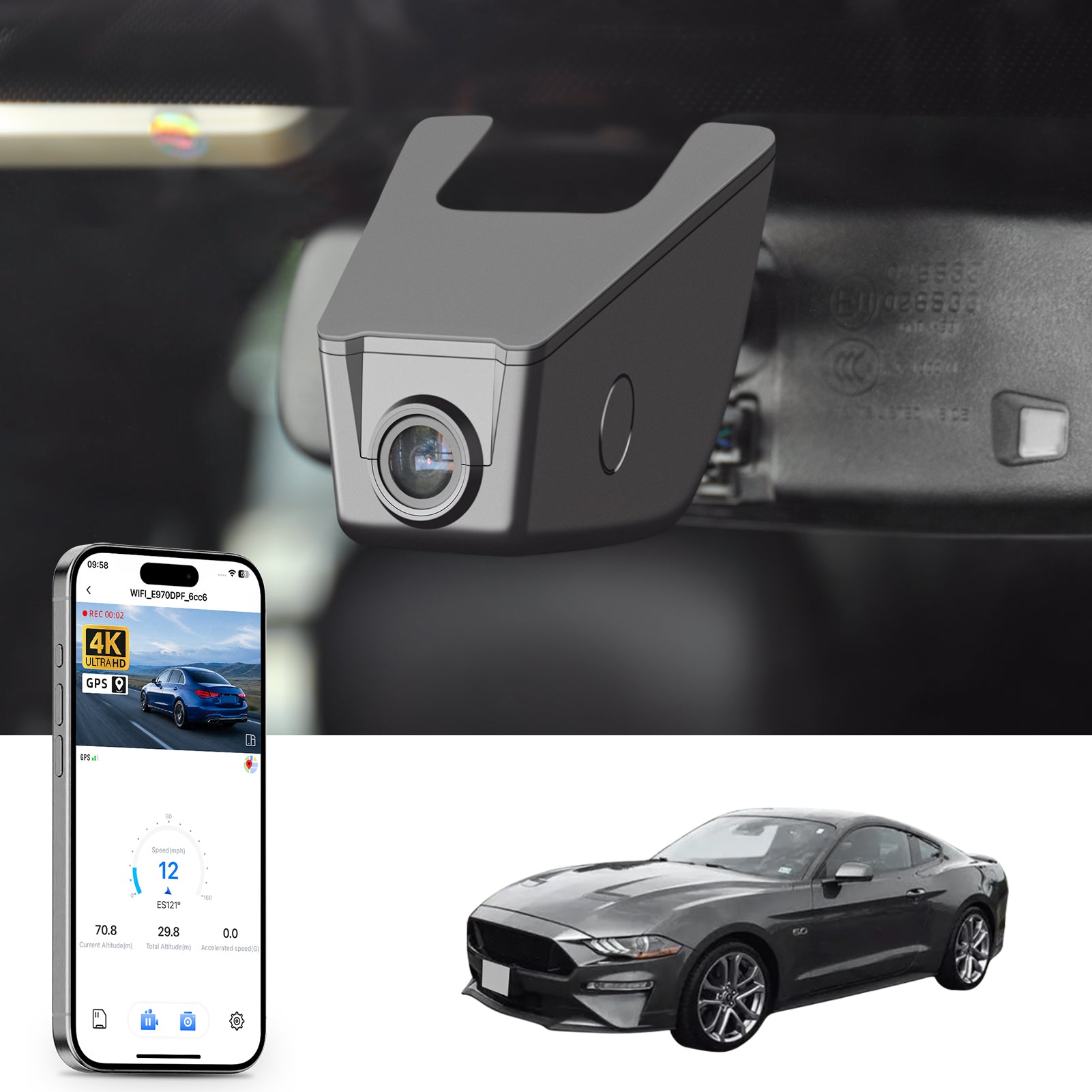 Car rearview mirror built-in dash cam with smartphone app control, 4K Ultra HD recording, GPS tracking, and Ford Mustang sports car models in the background.