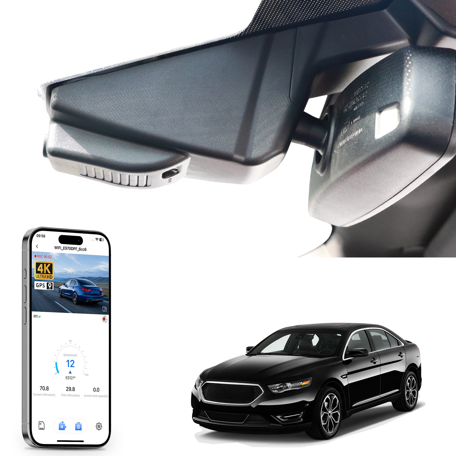 Car rearview mirror built-in dash cam with smartphone app control, 4K Ultra HD recording, GPS tracking, and Ford Taurus Sedan models in the background.