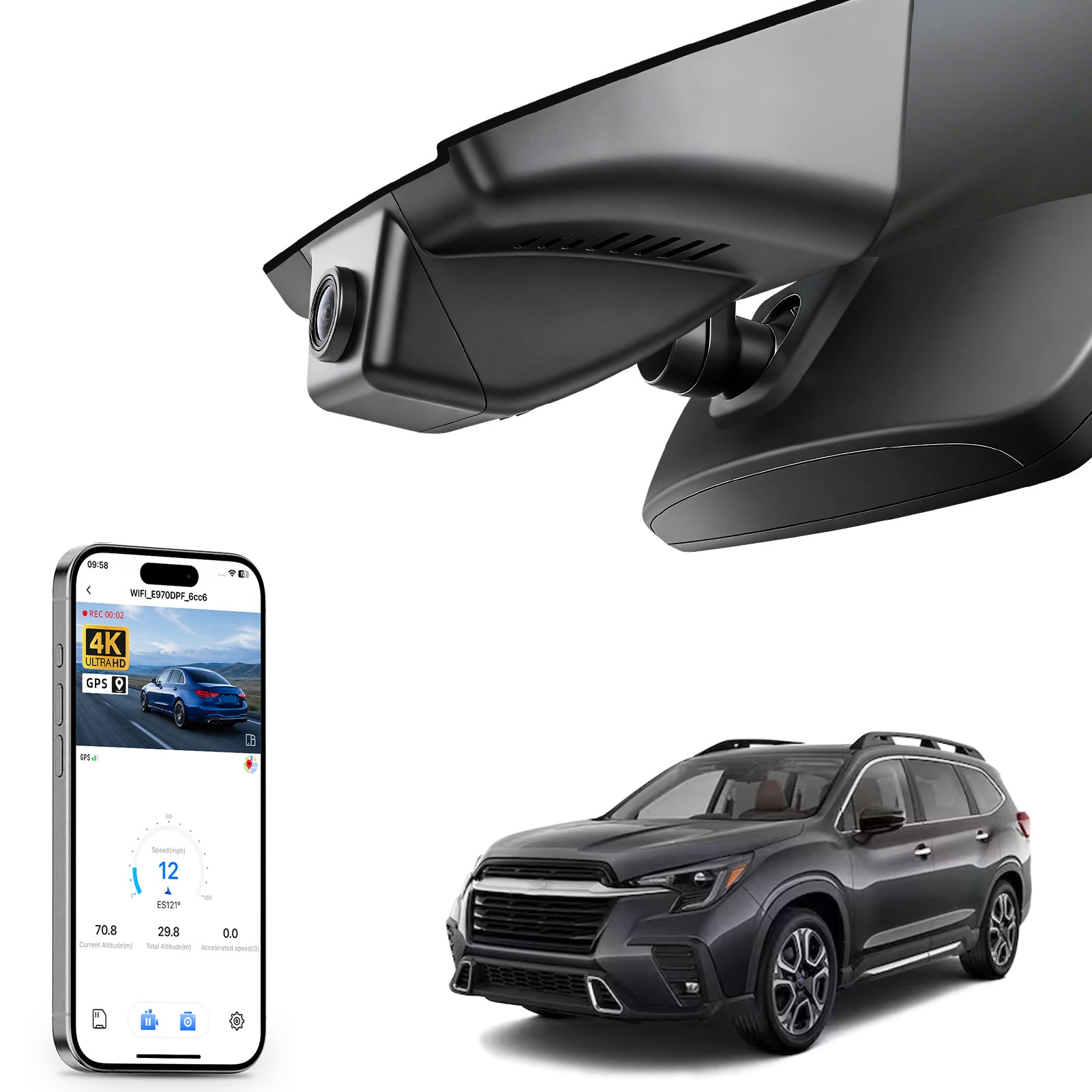Car rearview mirror built-in dash cam with smartphone app control, 4K Ultra HD recording, GPS tracking, and Subaru Ascent SUV models in the background.