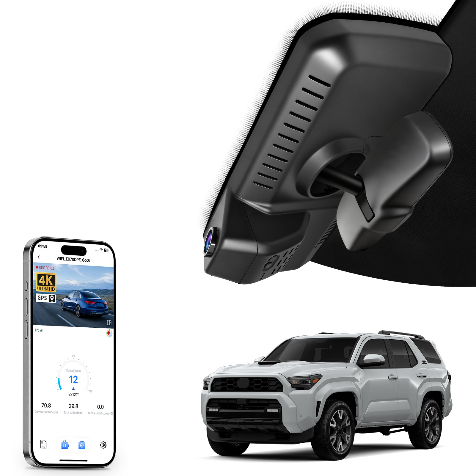 OEM look rearview mirror dash cam with smartphone app control, 4K Ultra HD recording, GPS tracking, and Toyota 4Runner Off-road SUV models in the background.