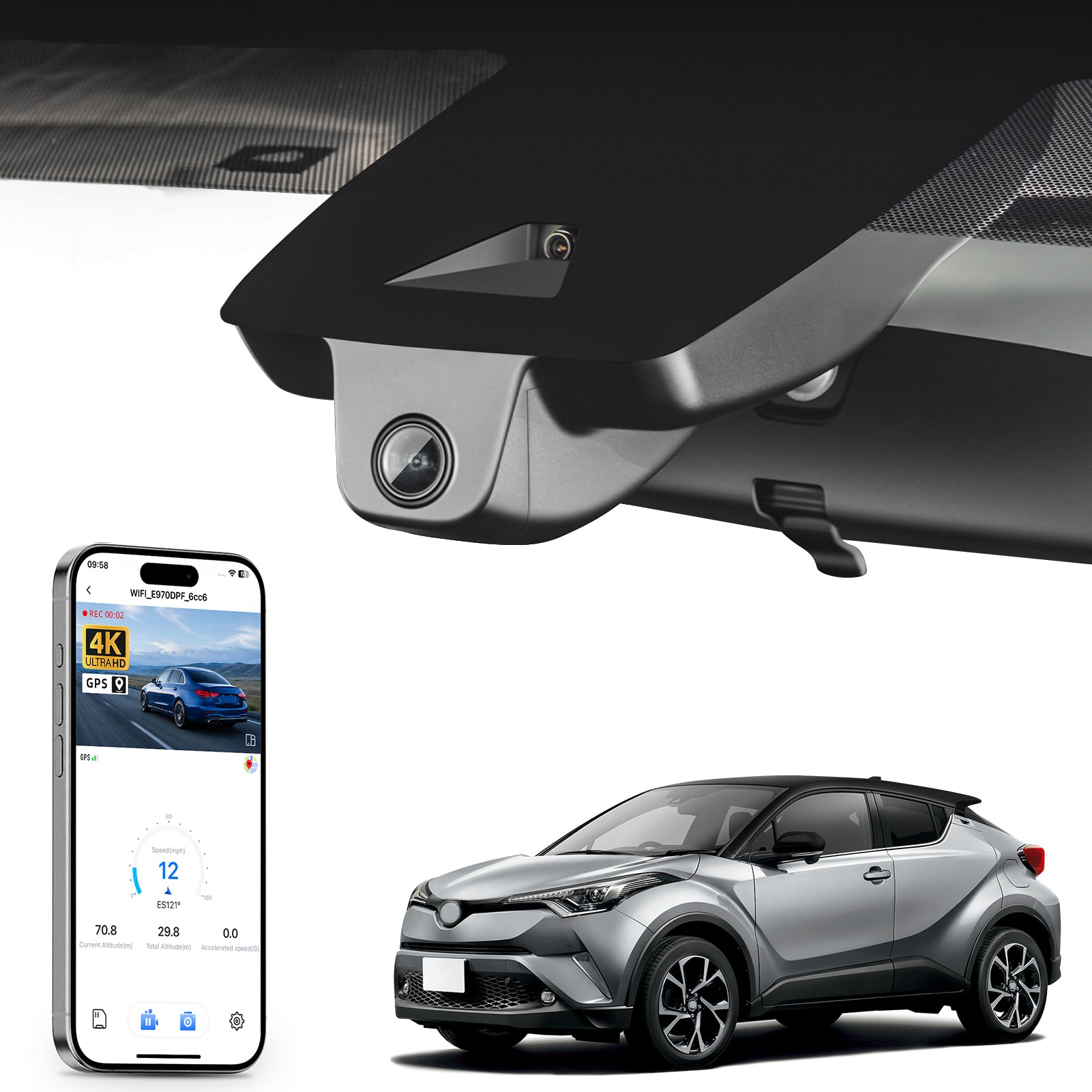 Car rearview mirror built-in dash cam with smartphone app control, 4K Ultra HD recording, GPS tracking, and Toyota C-HR SUV models in the background.