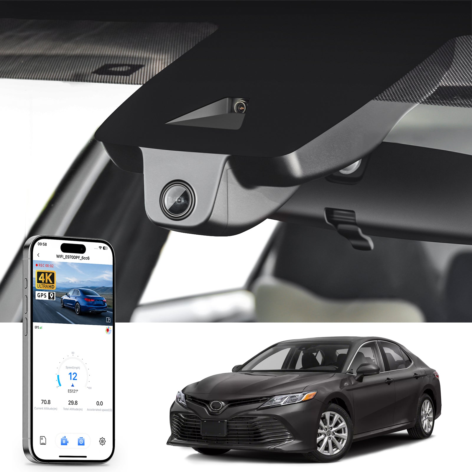 Car rearview mirror built-in dash cam with smartphone app control, 4K Ultra HD recording, GPS tracking, and Toyota Camry Sedan models in the background.