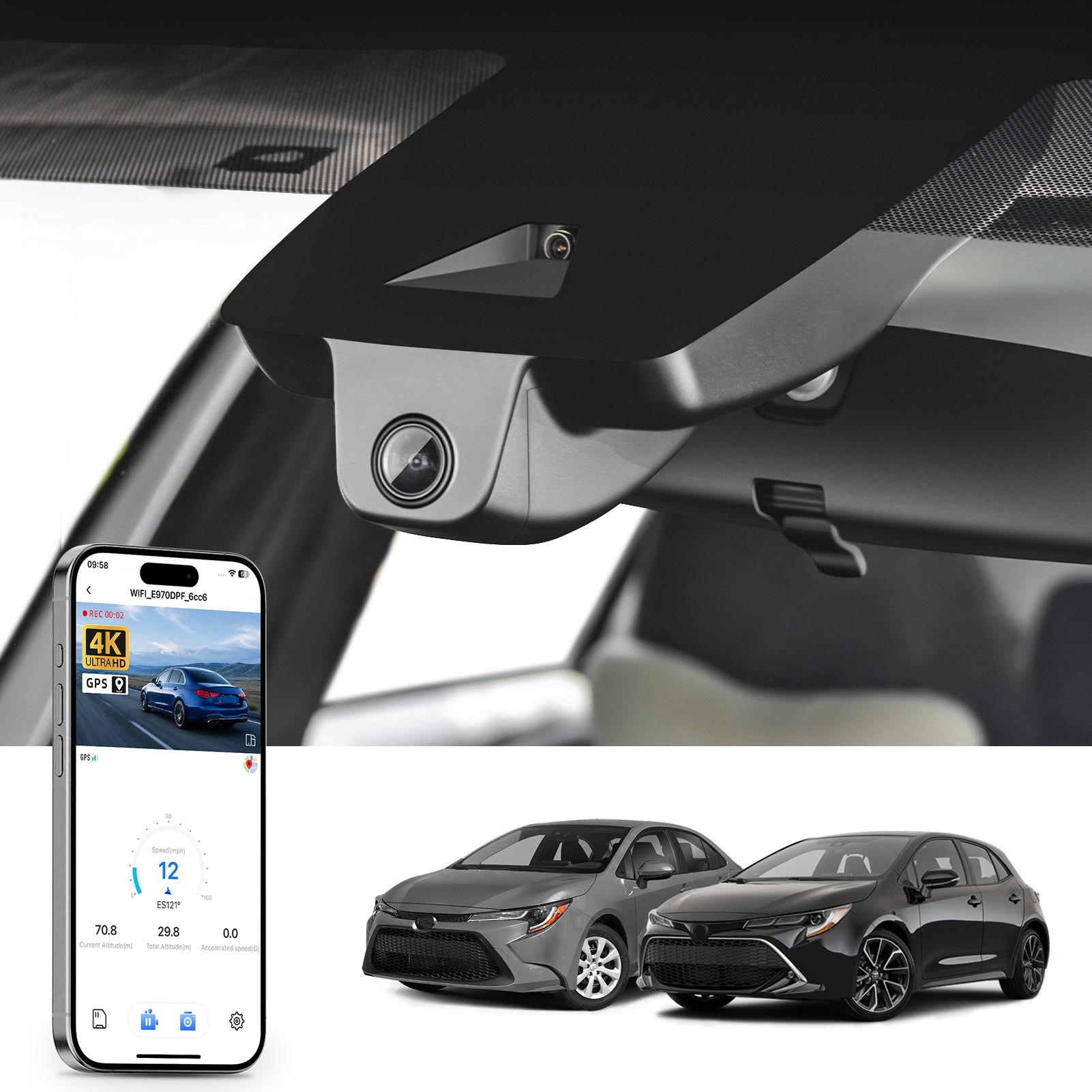 Car rearview mirror built-in dash cam with smartphone app control, 4K Ultra HD recording, GPS tracking, and Toyota Corolla Sedan models in the background.