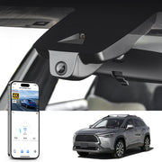 Car rearview mirror built-in dash cam with smartphone app control, 4K Ultra HD recording, GPS tracking, and Toyota Corolla Cross SUV models in the background.