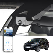 Car rearview mirror built-in dash cam with smartphone app control, 4K Ultra HD recording, GPS tracking, and Toyota Highlander SUV models in the background.