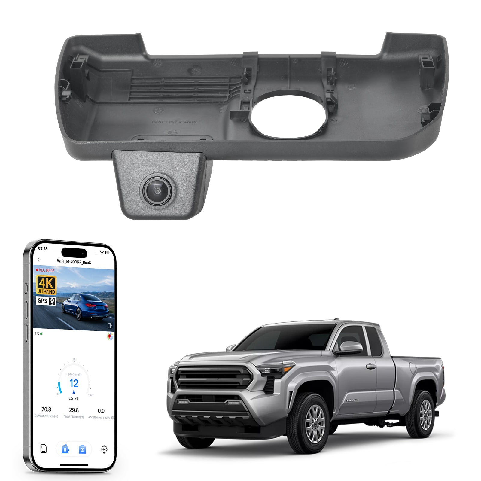 Car rearview mirror built-in dash cam with smartphone app control, 4K Ultra HD recording, GPS tracking, and Toyota Tacoma Pickup models in the background.