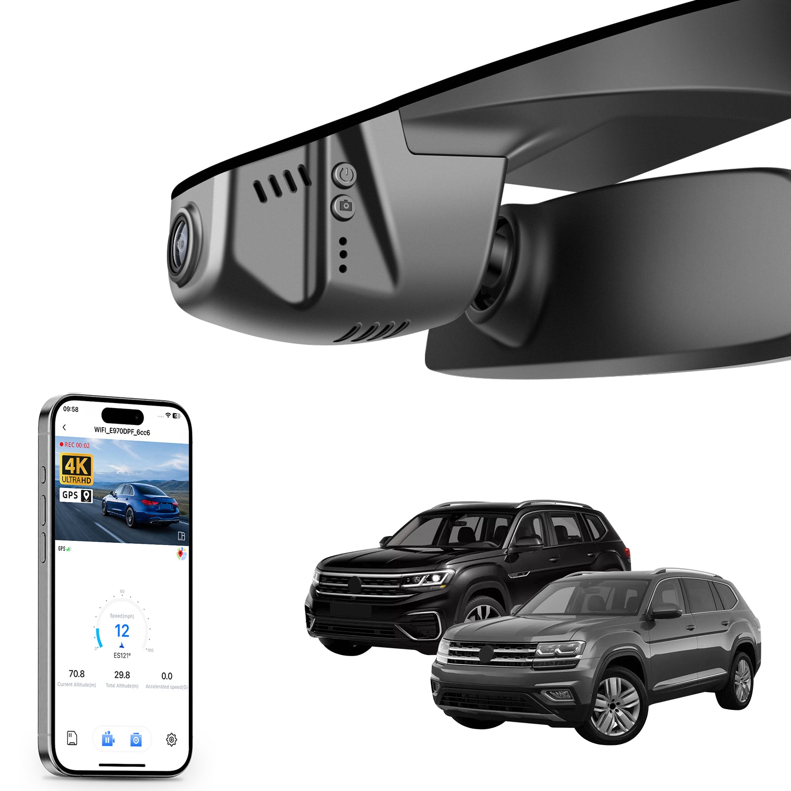 Car rearview mirror built-in dash cam with smartphone app control, 4K Ultra HD recording, GPS tracking, and Volkswagen Amarok Pickup models in the background.