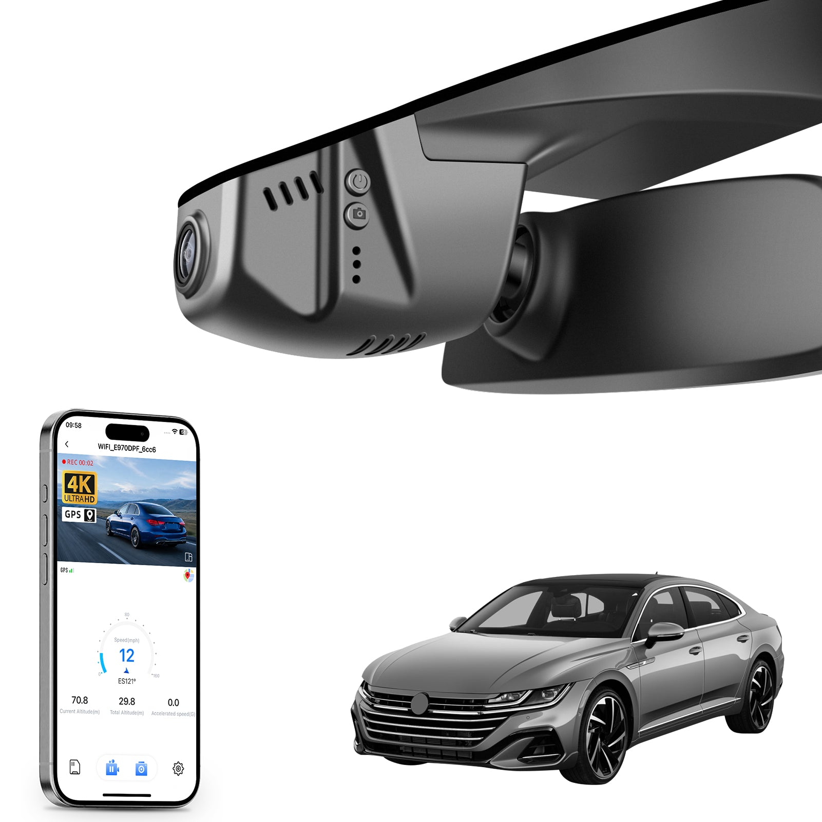 Car rearview mirror built-in dash cam with smartphone app control, 4K Ultra HD recording, GPS tracking, and Volkswagen Arteon Coupe models in the background.