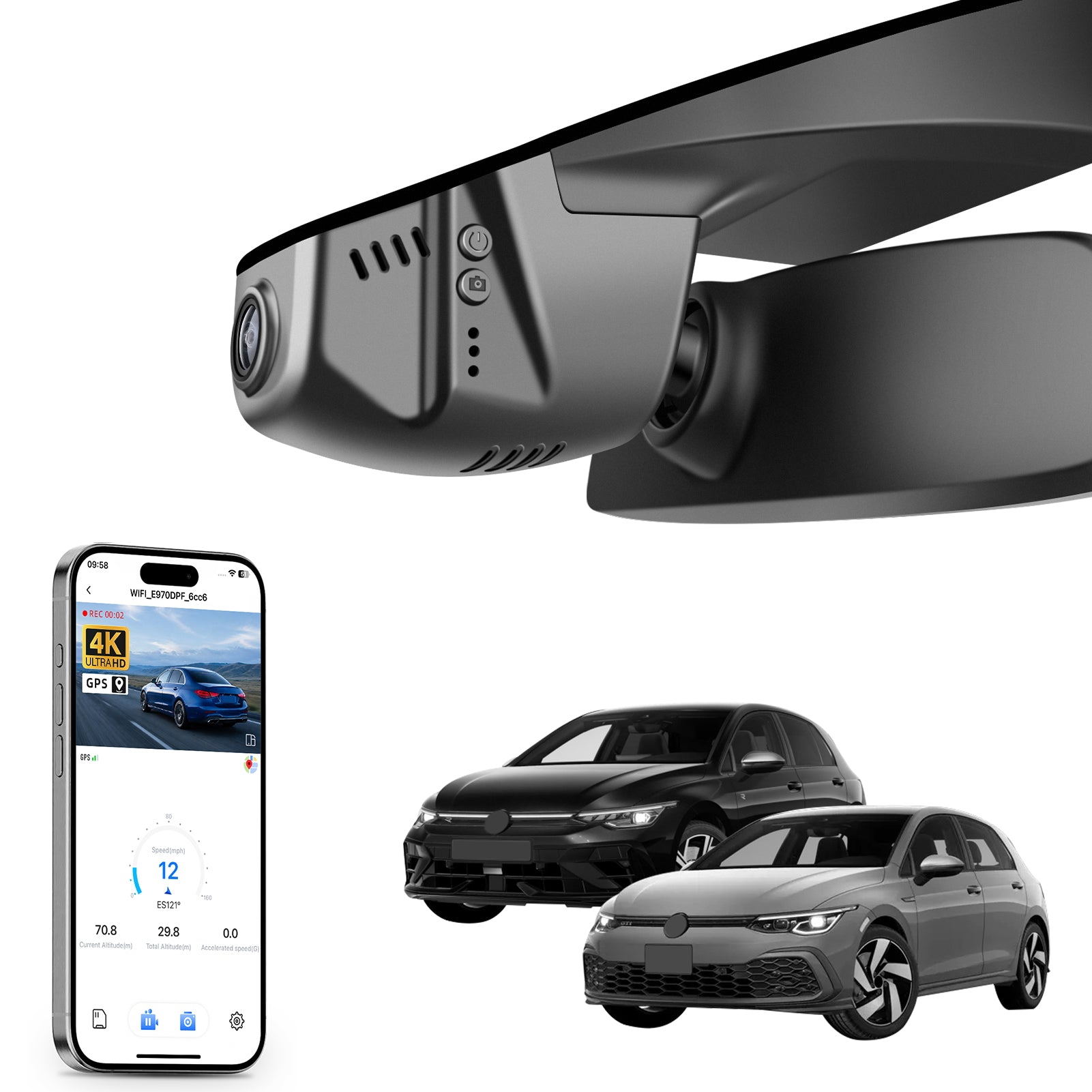 Car rearview mirror built-in dash cam with smartphone app control, 4K Ultra HD recording, GPS tracking, and Volkswagen Golf Hatchback models in the background.