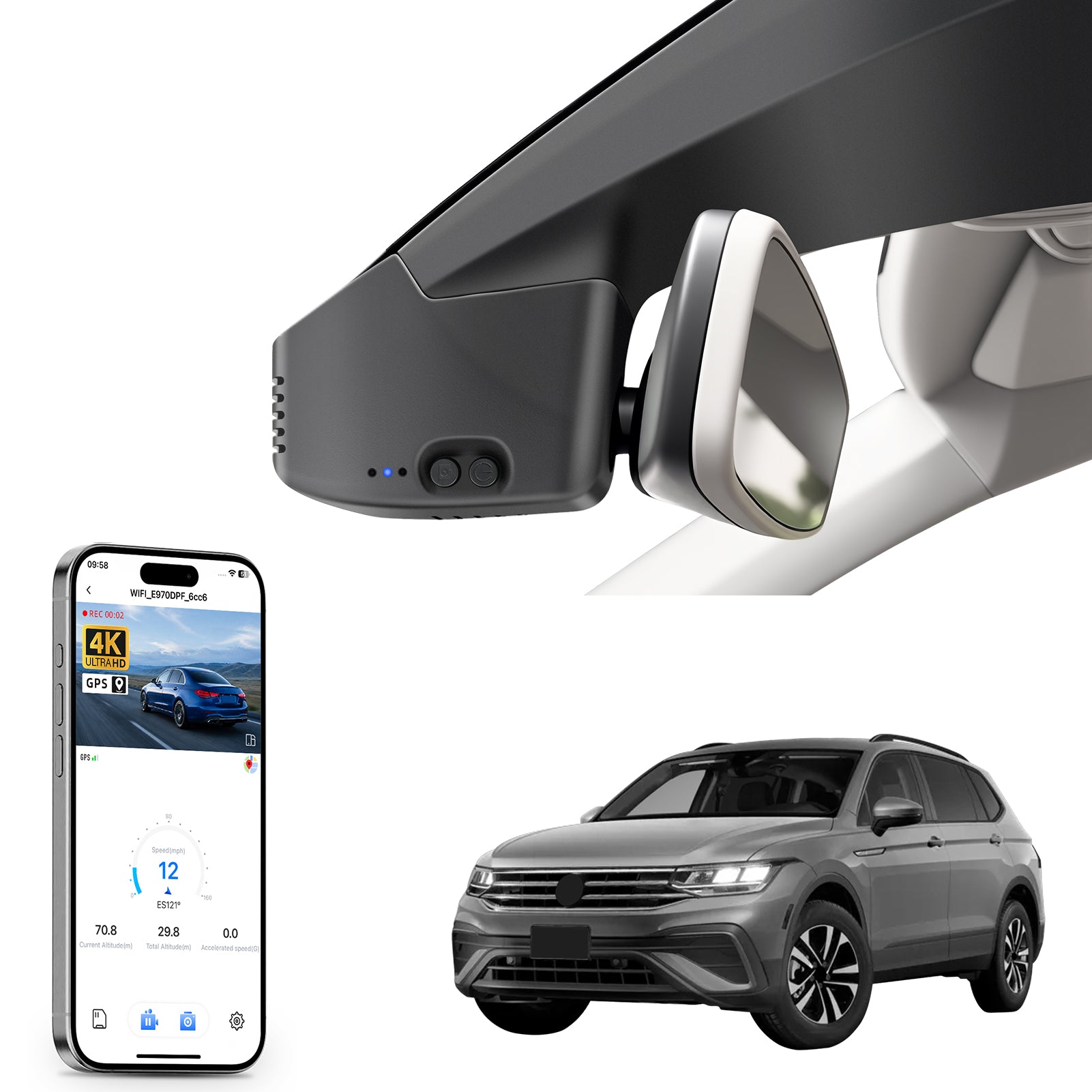 Car rearview mirror built-in dash cam with smartphone app control, 4K Ultra HD recording, GPS tracking, and Volkswagen Tiguan SUV models in the background.
