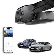 Mangoal rearview mirror built-in dash cam with smartphone app control, 4K Ultra HD recording, GPS tracking, and BMW 3 Series Gen7 models in the background.