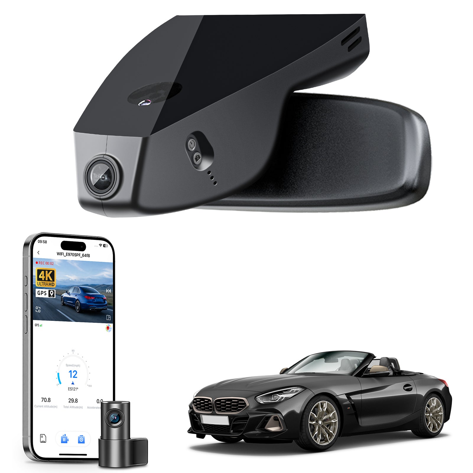 2 channel dash cam with dual STARVIS 2, features smartphone app control, 4K Ultra HD recording, GPS tracking, and BMW Z4 Sports Car in the background. 