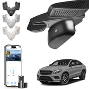 2 channel dash cam with dual STARVIS 2, features smartphone app control, 4K Ultra HD recording, GPS tracking, and Benz GLE & GLS models in the background. 