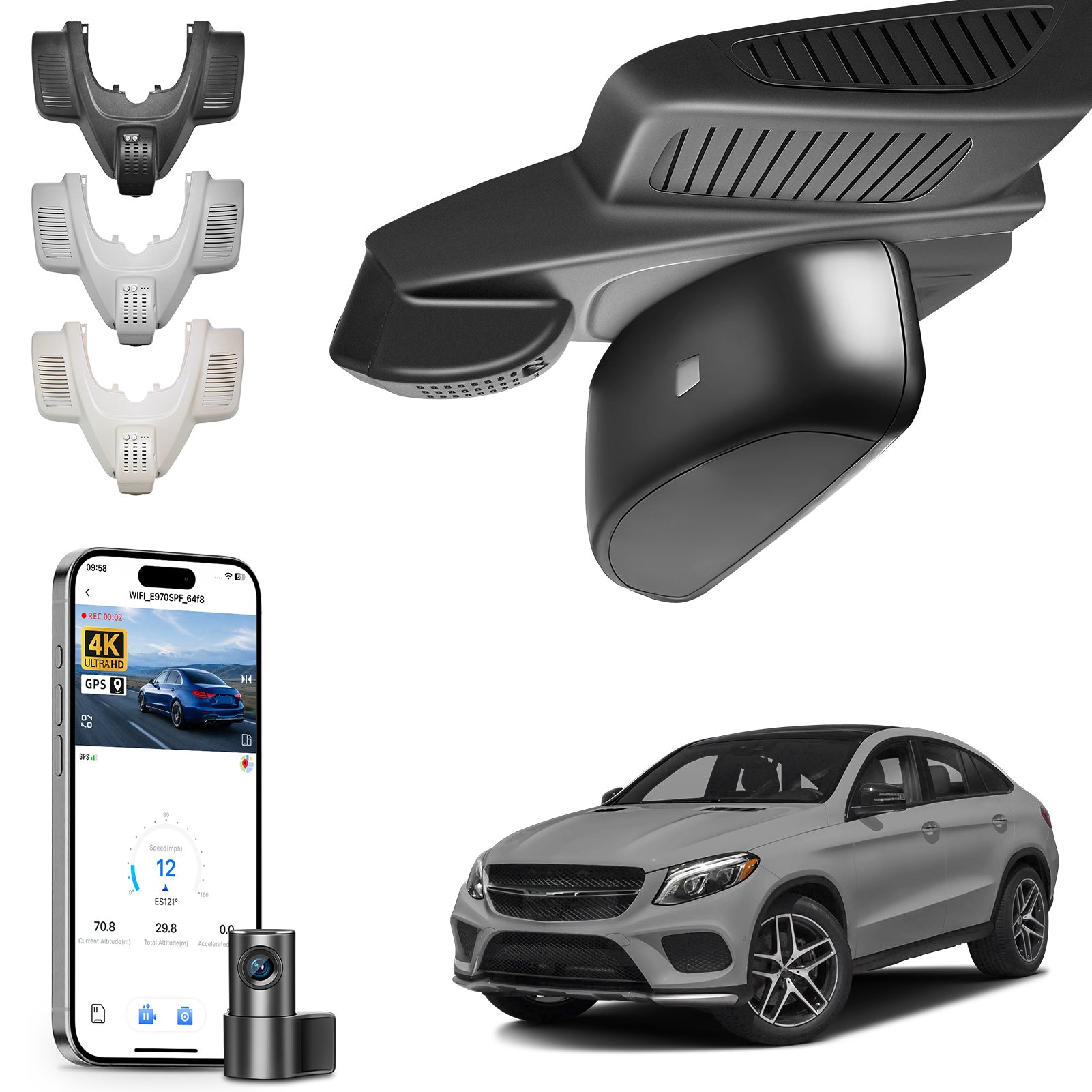 2 channel dash cam with dual STARVIS 2, features smartphone app control, 4K Ultra HD recording, GPS tracking, and Benz GLE & GLS models in the background. 