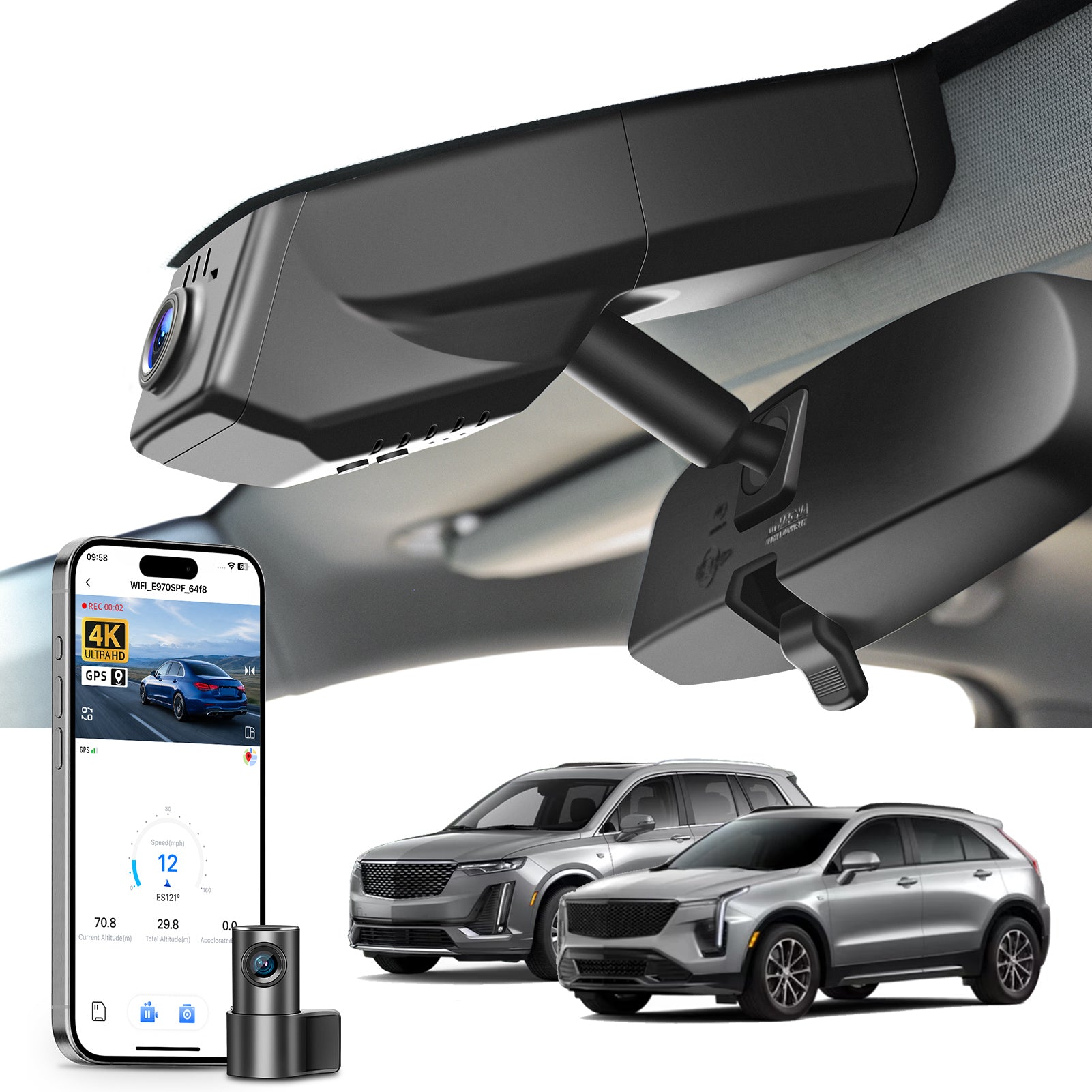 Car rearview mirror built-in dash cam with smartphone app control, 4K Ultra HD recording, GPS tracking, and Cadillac XT5 XT6 SUV models in the background.