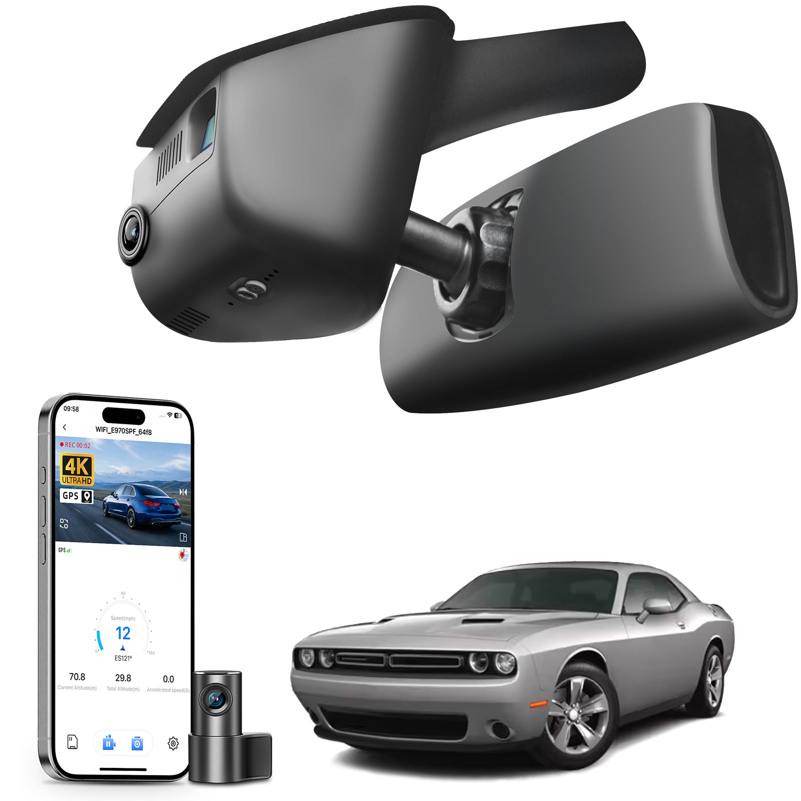 Car dashboard camera system with smartphone app, 4K Ultra HD recording, GPS tracking, and Dodge Challenger car models in the background.
