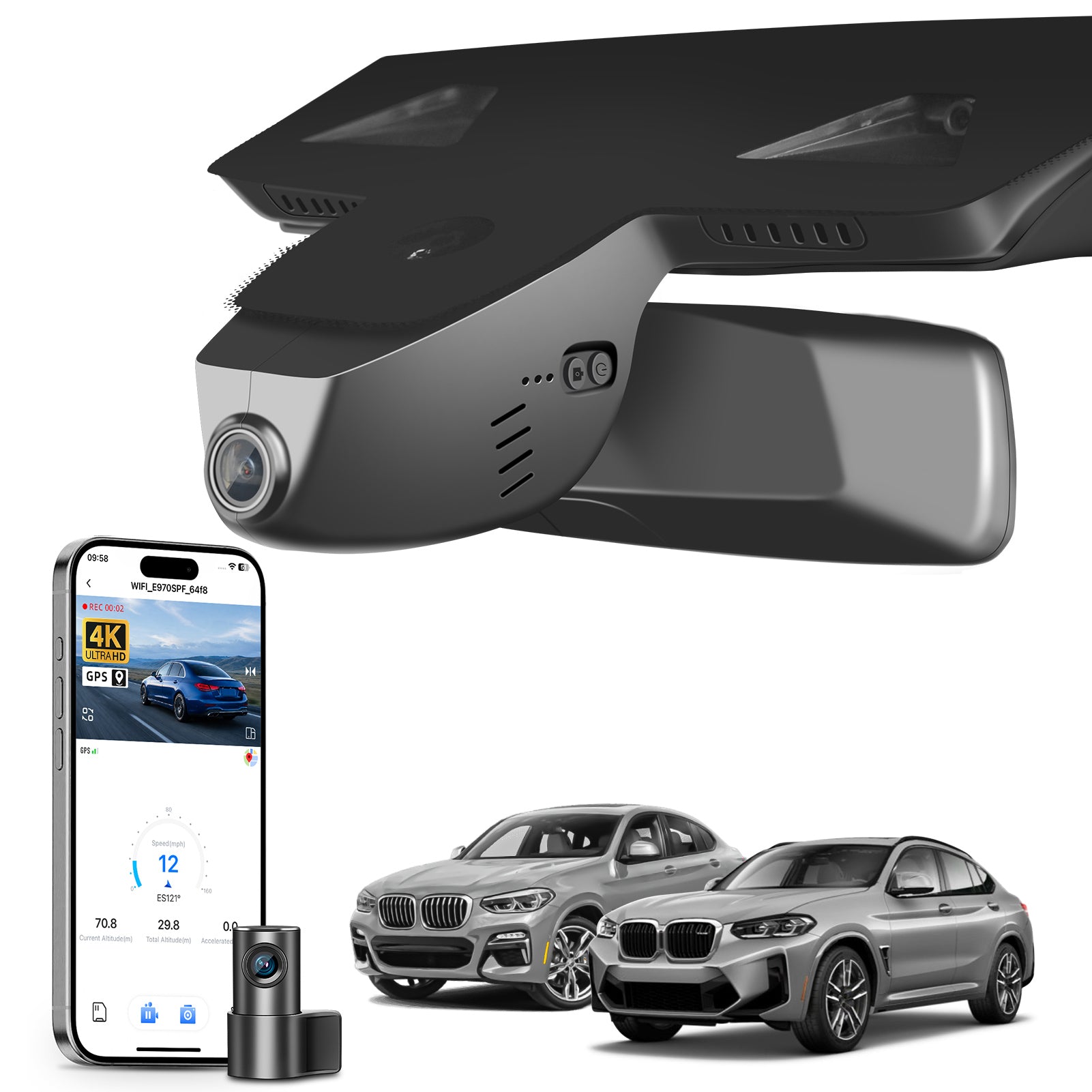 2 channel dash cam with dual STARVIS 2, features smartphone app control, 4K Ultra HD recording, GPS tracking, and BMW X4 Gen2 SAC models in the background.  
