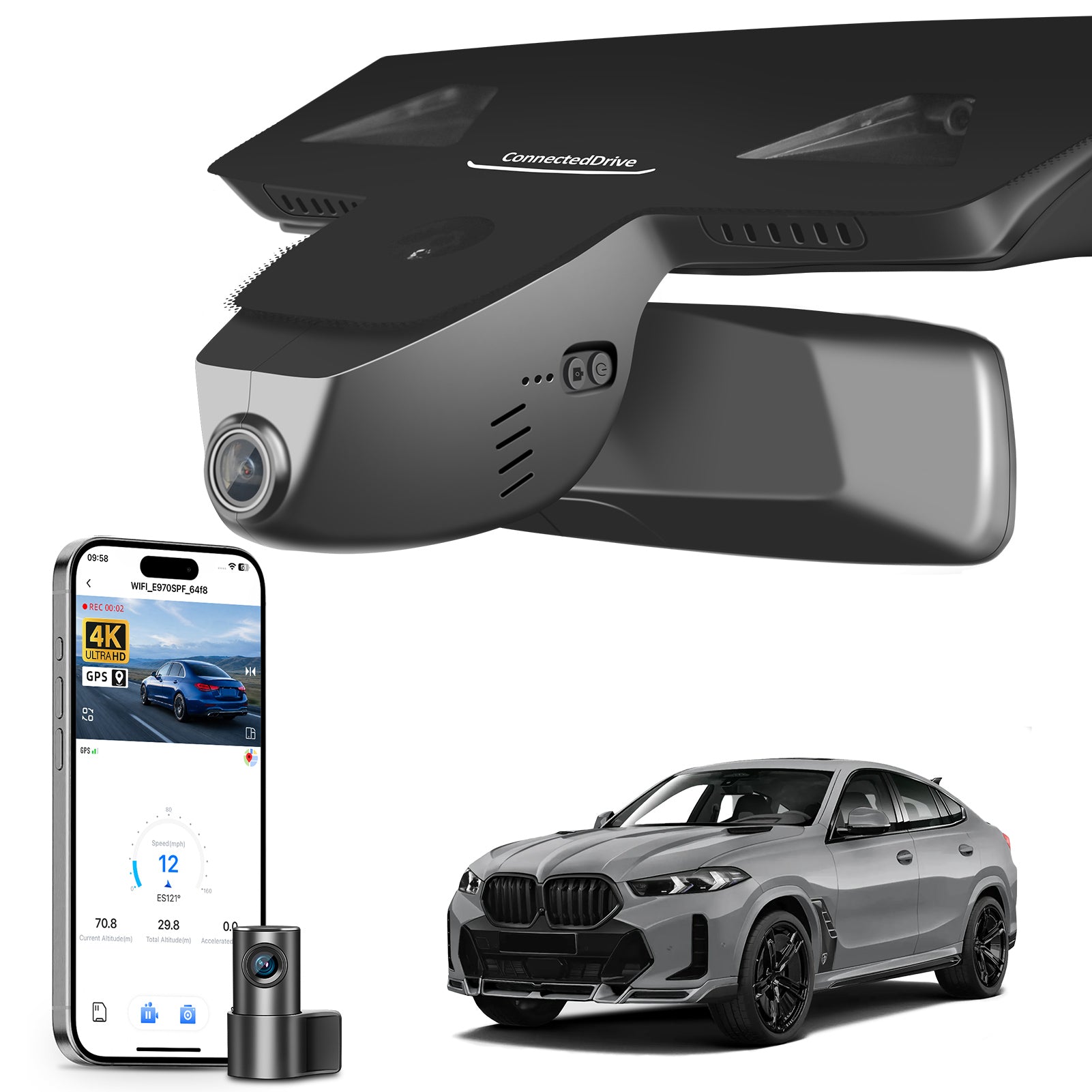 2 channel dash cam with dual STARVIS 2, features smartphone app control, 4K Ultra HD recording, GPS tracking, and BMW X6 Gen3 SUV models in the background.  