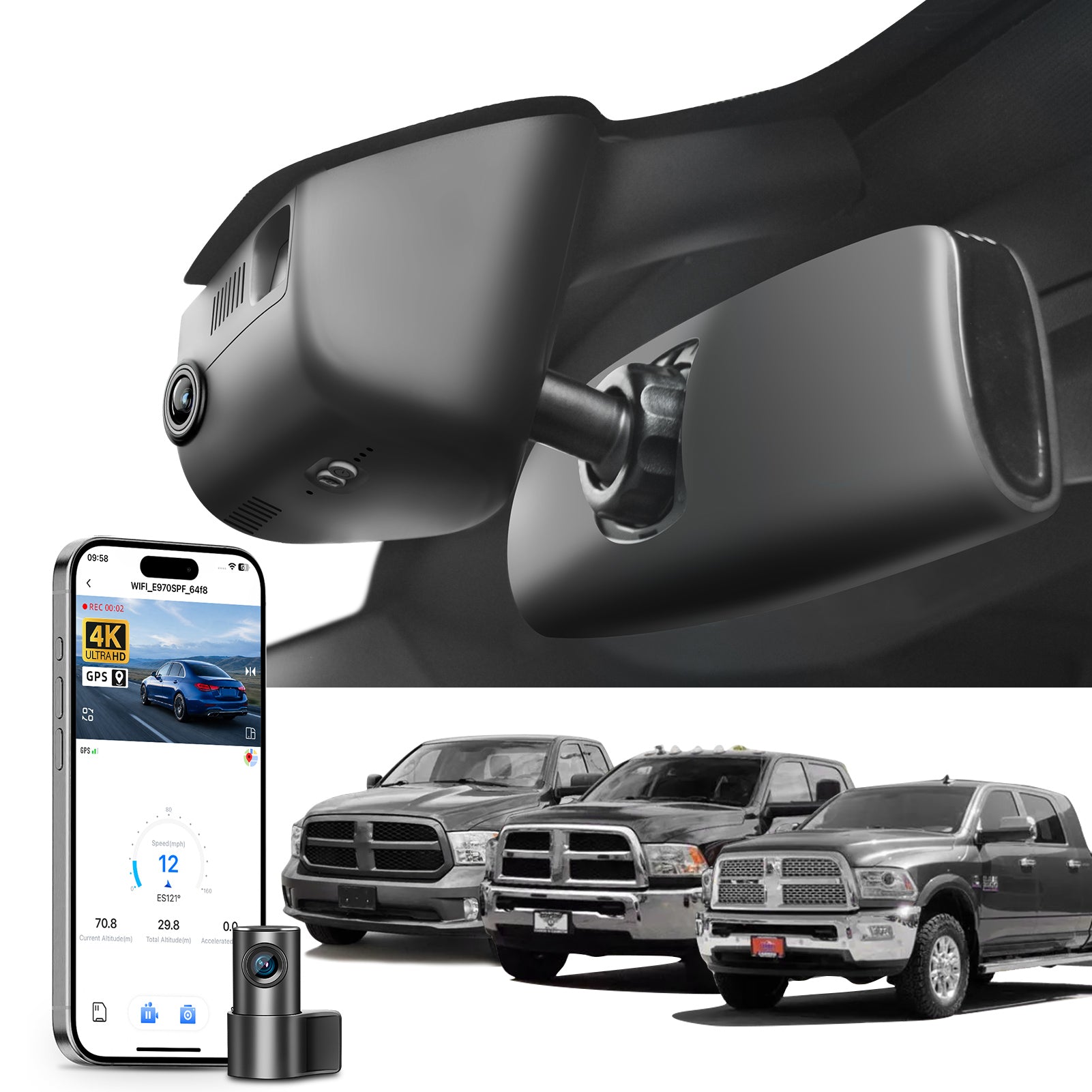 2 channel dash cam with dual STARVIS 2, features smartphone app control, 4K Ultra HD recording, GPS tracking, and Dodge RAM Gen4 Pickup models in the background.  