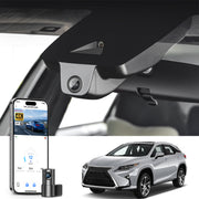 Car built-in dual channel dash cam with smartphone app control, 4K Ultra HD recording, GPS tracking, and Lexus RX SUV models in the background.