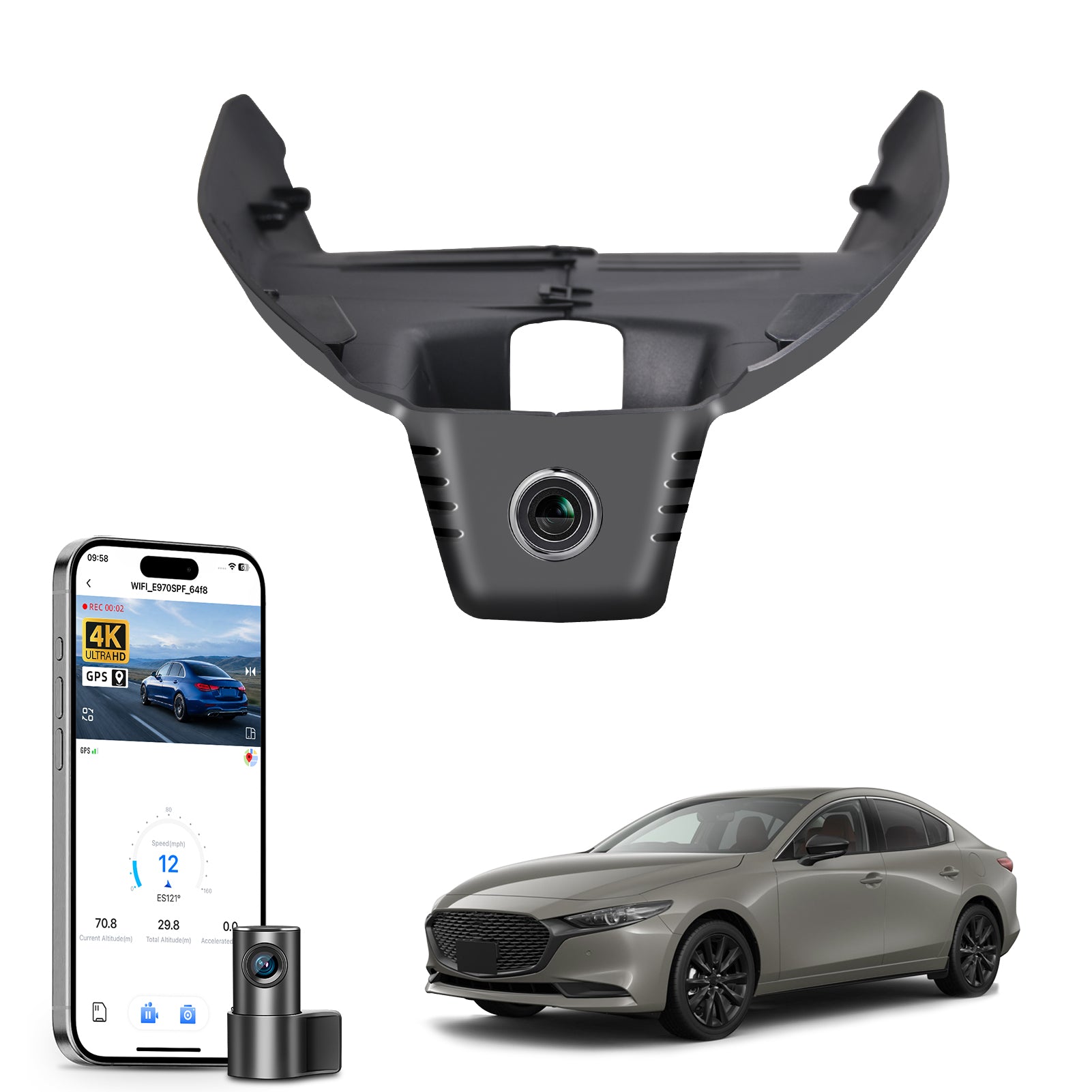 Car dual channel dash camera system, smartphone app control, 4K Ultra HD recording, GPS tracking, and Mazda 3 Sedans models in the background. 