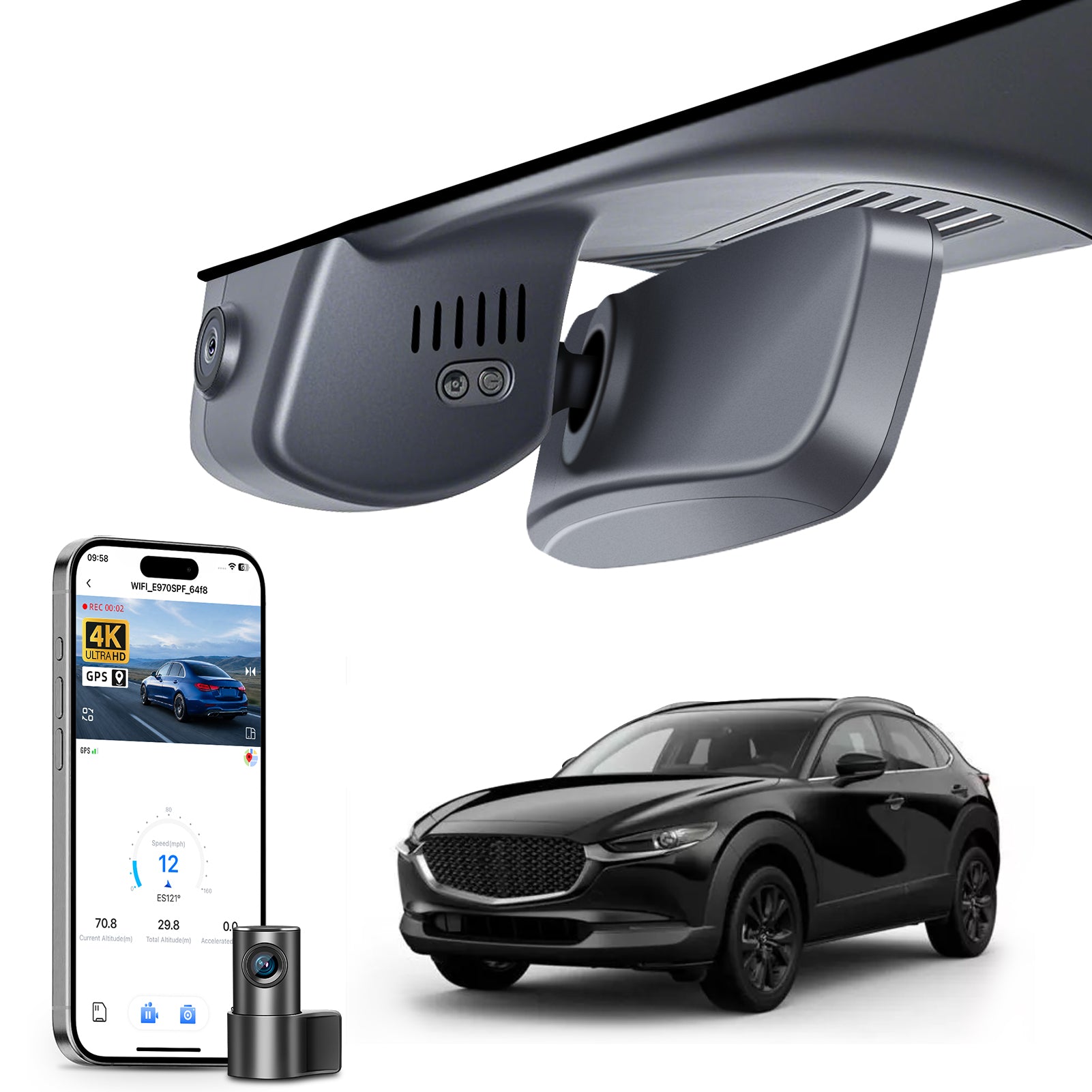 2 channel dash cam with dual STARVIS 2, features smartphone app control, 4K Ultra HD recording, GPS tracking, and Mazda  CX-30 Crossover models in the background. 