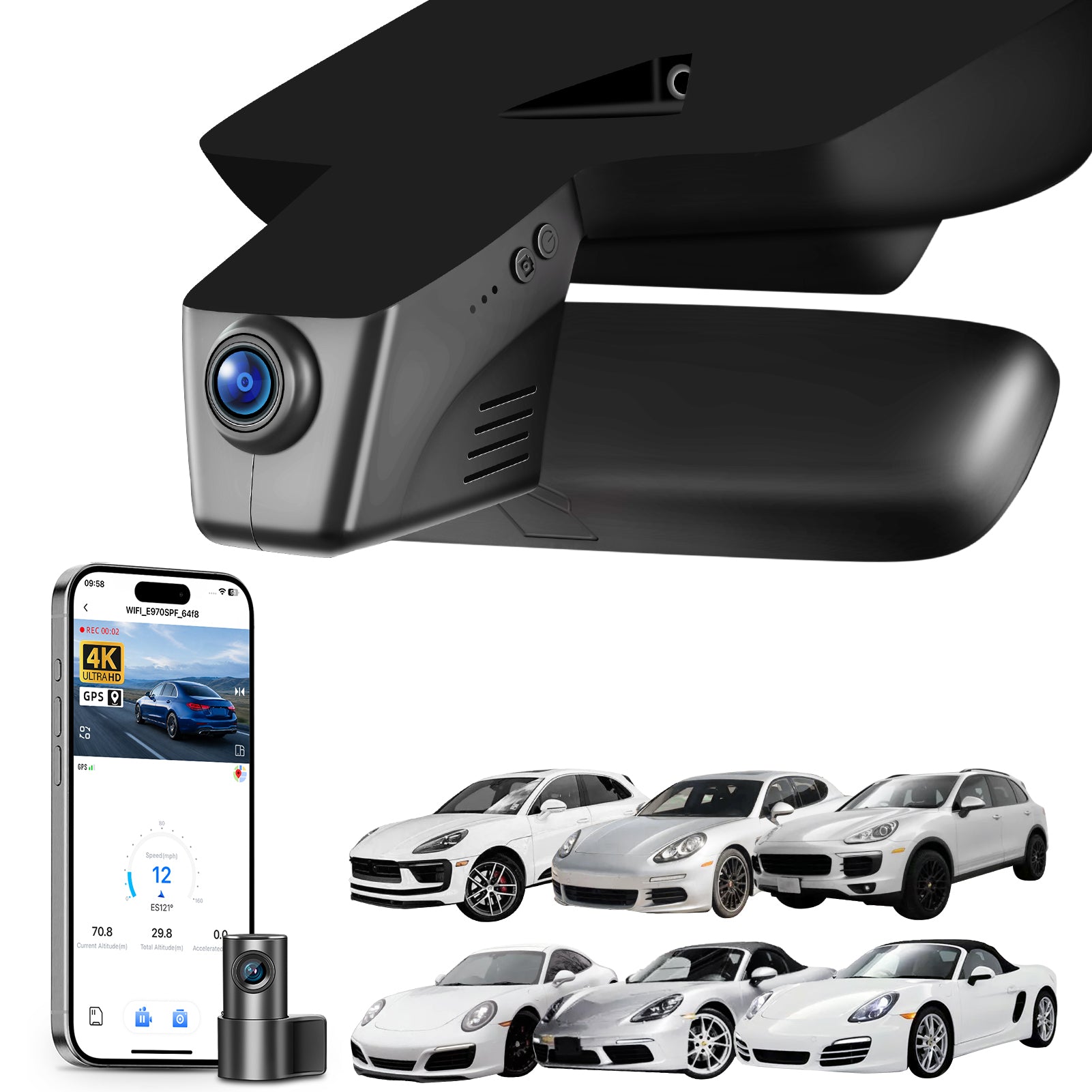 2 channel dash cam with dual STARVIS 2, features smartphone app control, 4K Ultra HD recording, GPS tracking, and Porsche vehicles models in the background. 
