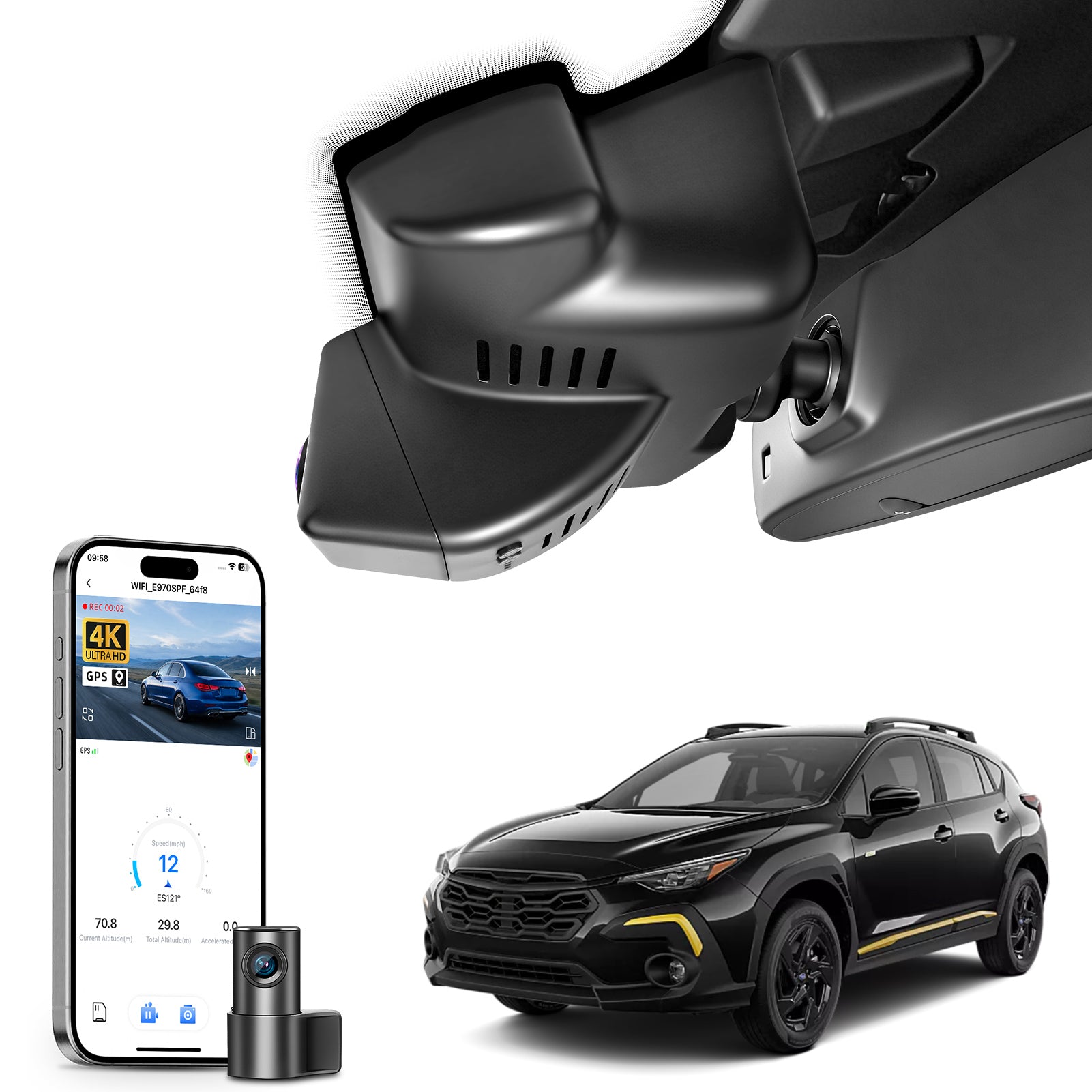 2 channel dash cam with dual STARVIS 2, features smartphone app control, 4K Ultra HD recording, GPS tracking, and Subaru Crosstrek SUV models in the background.  